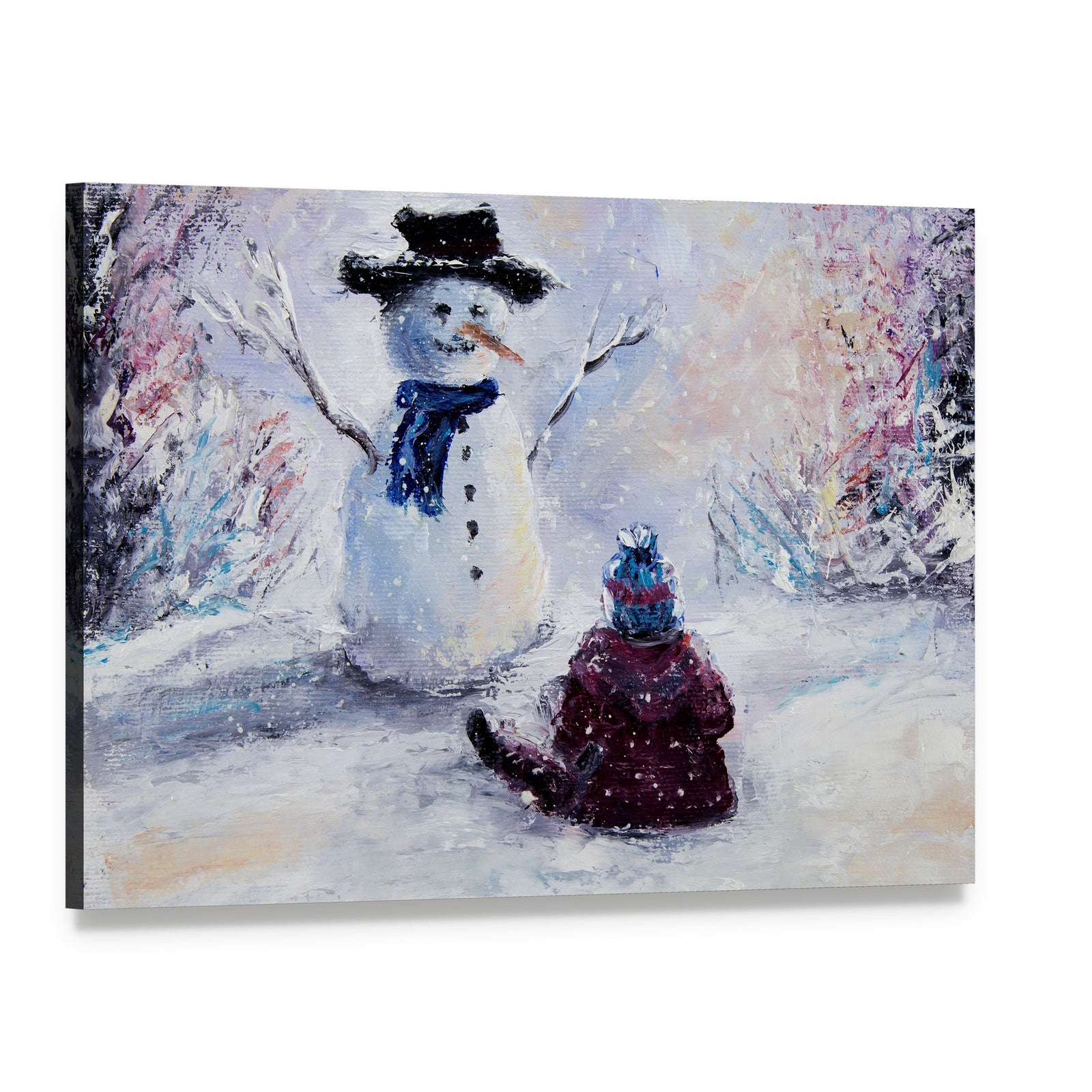 Snowman and Child Canvas Wall Art, single panel gallery wrapped canvas, angled product view