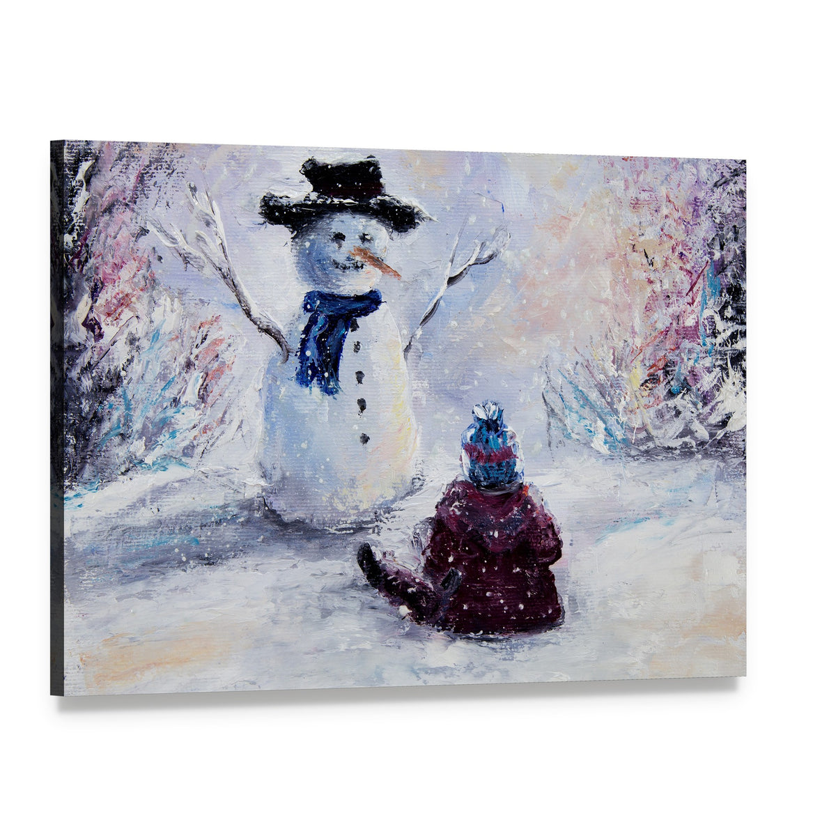 Snowman and Child Canvas Wall Art, single panel gallery wrapped canvas, angled product view