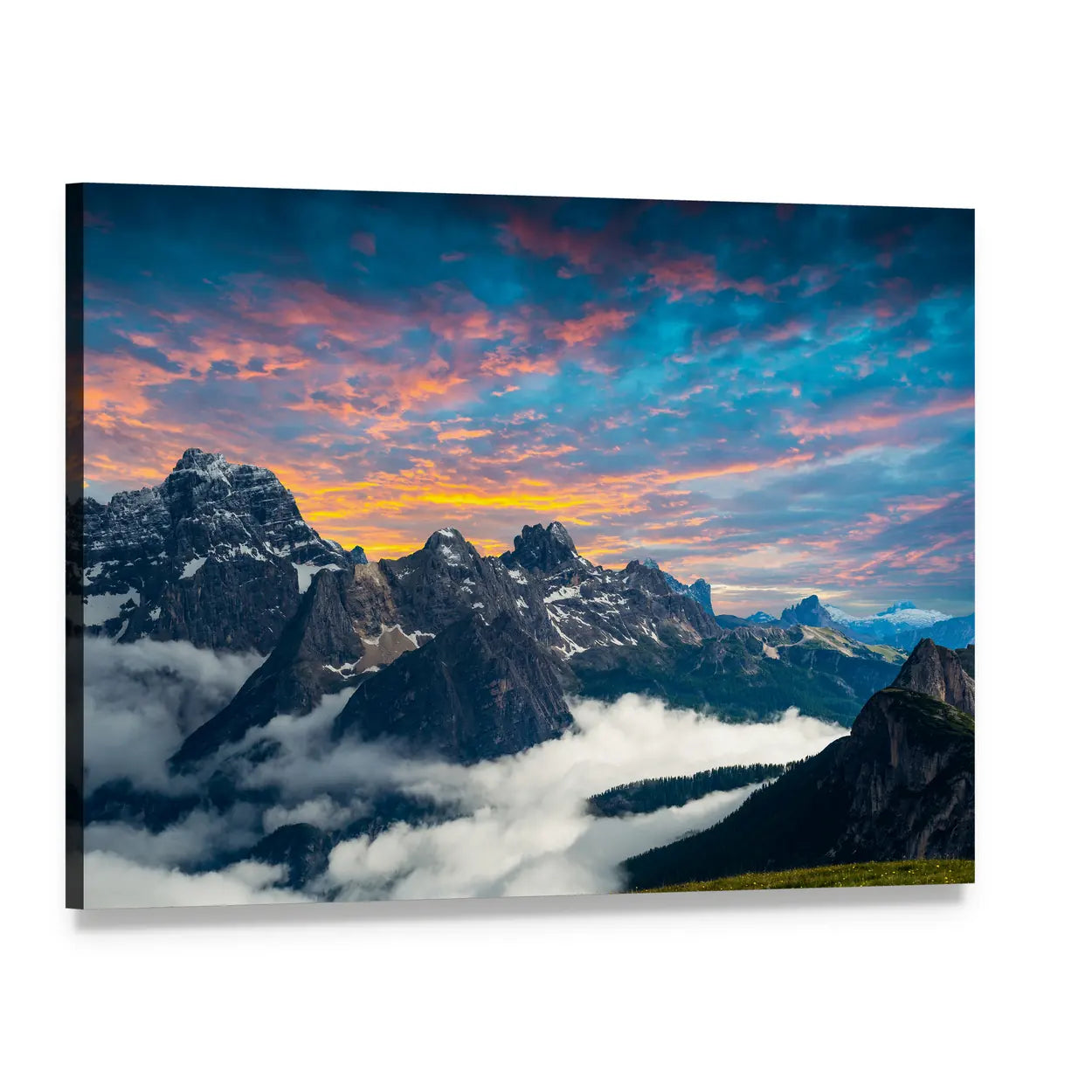 Snow-capped Italian Peaks at Sunset Canvas Wall Art, single panel gallery wrapped canvas, angled product view