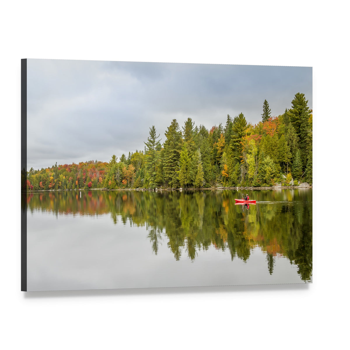 Man Paddling Red Kayak on Autumn Lake Canvas Wall Art, single panel gallery wrapped canvas, angled product view