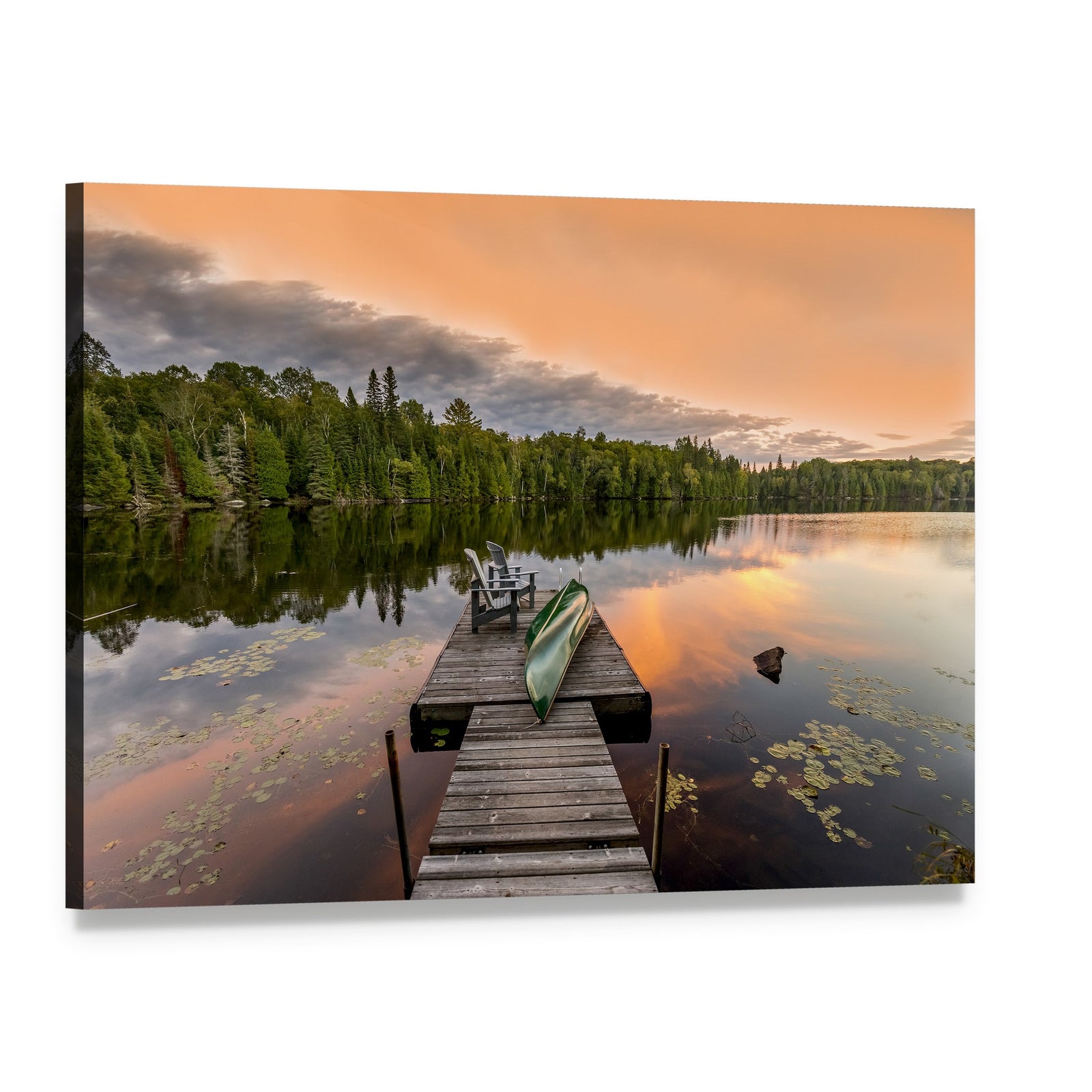 Green Canoe and Dock Chairs at Sunset Canvas Wall Art, single panel gallery wrapped canvas, angled product view