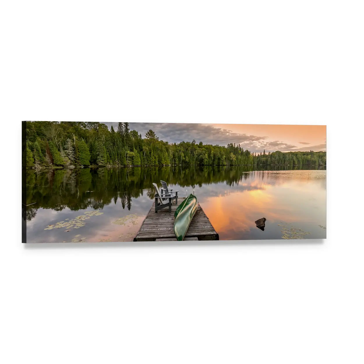 Green Canoe and Adirondack Chairs on Lake Panoramic Canvas Wall Art, single panel gallery wrapped canvas, angled product view