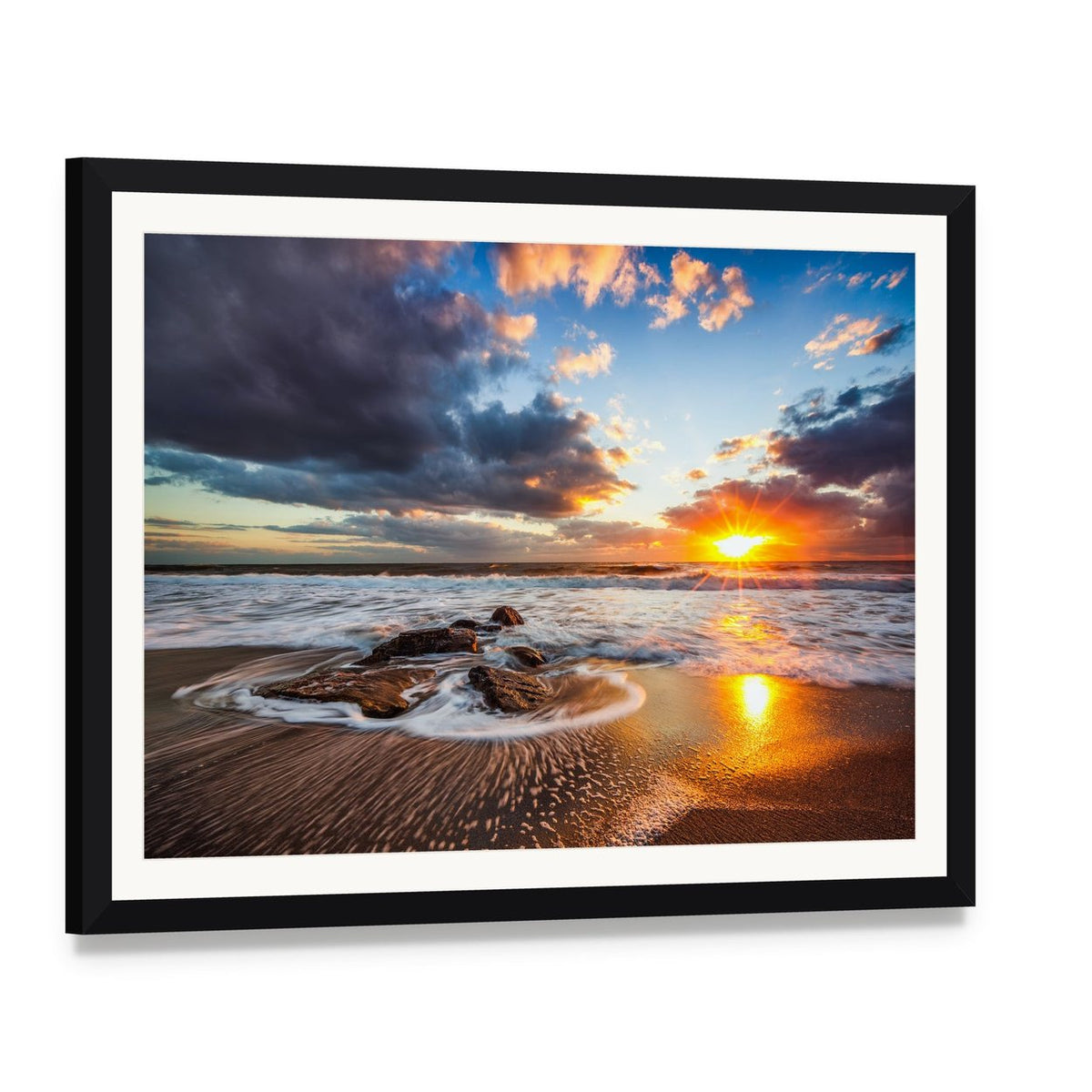 Cloudscape Over Sea Canvas Wall Art, framed print with white mat and black frame, angled product view
