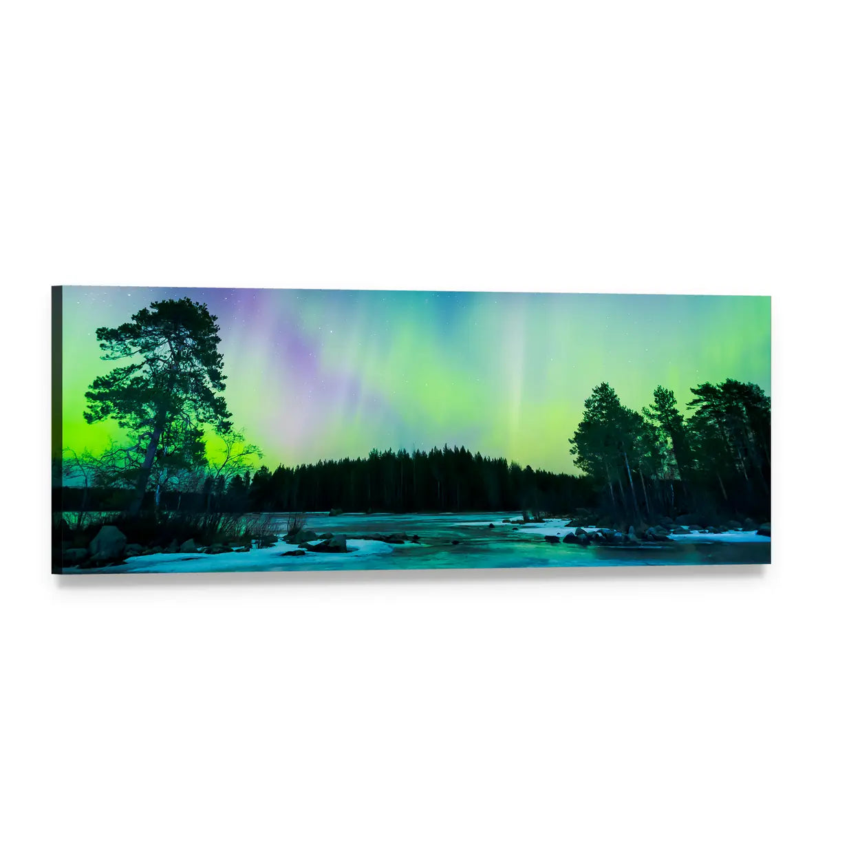 Colorful Northern Lights Over Pine Lake Panoramic Canvas Wall Art, single panel gallery wrapped canvas, angled product view