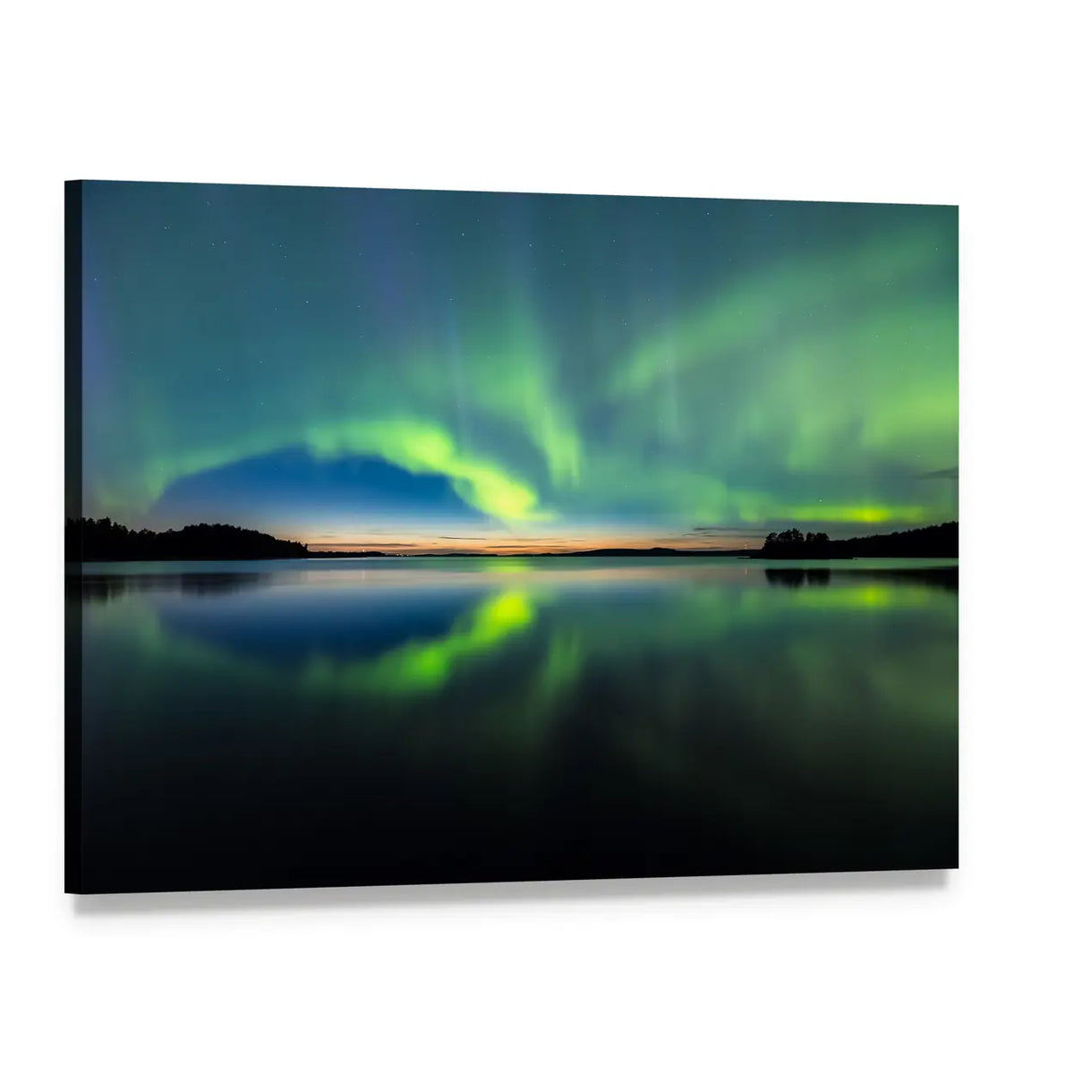 Northern Lights Over Still Lake Canvas Wall Art, single panel gallery wrapped canvas, angled product view