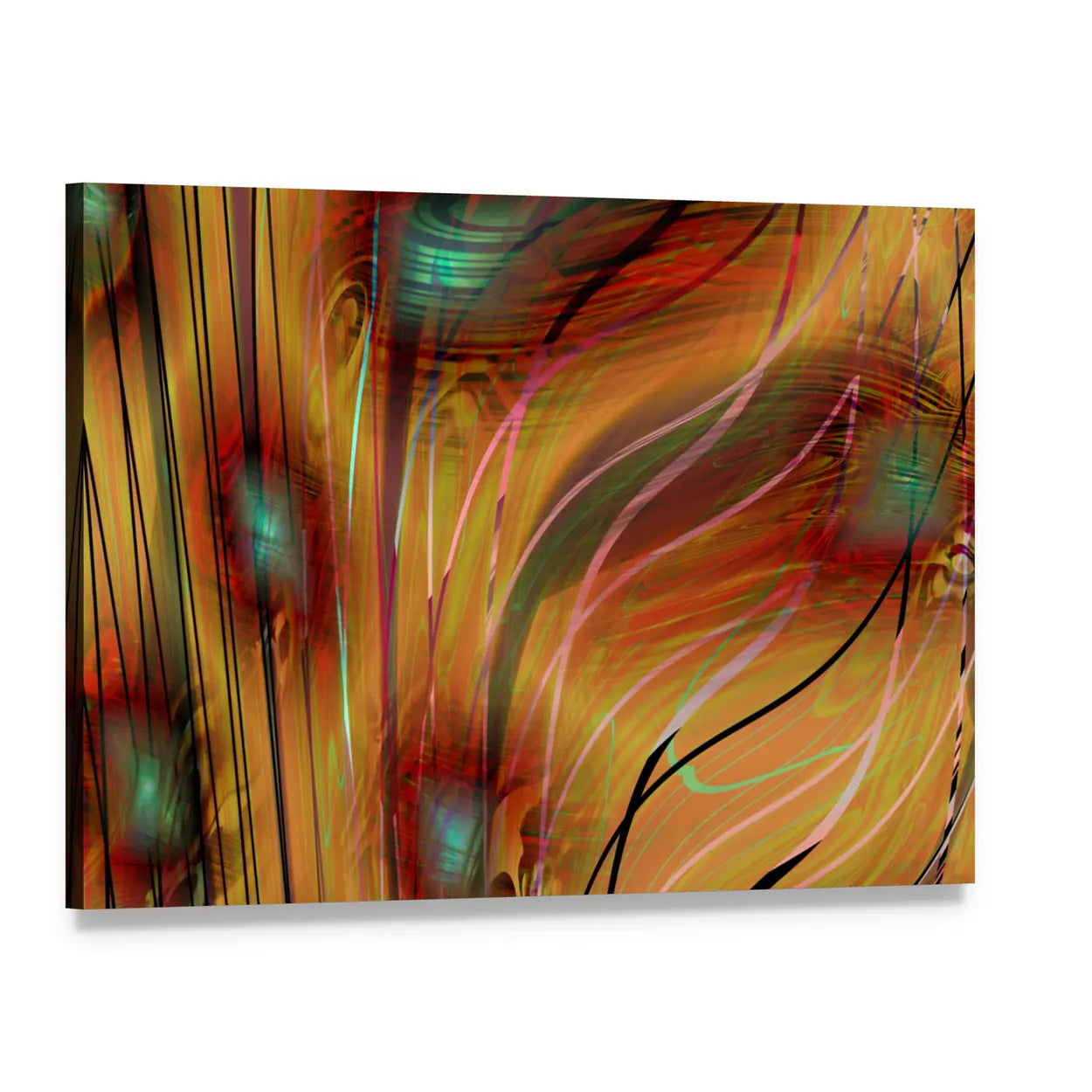 Swirling Teal, Gold, and Pink Abstract Canvas Wall Art, single panel gallery wrapped canvas, angled product view