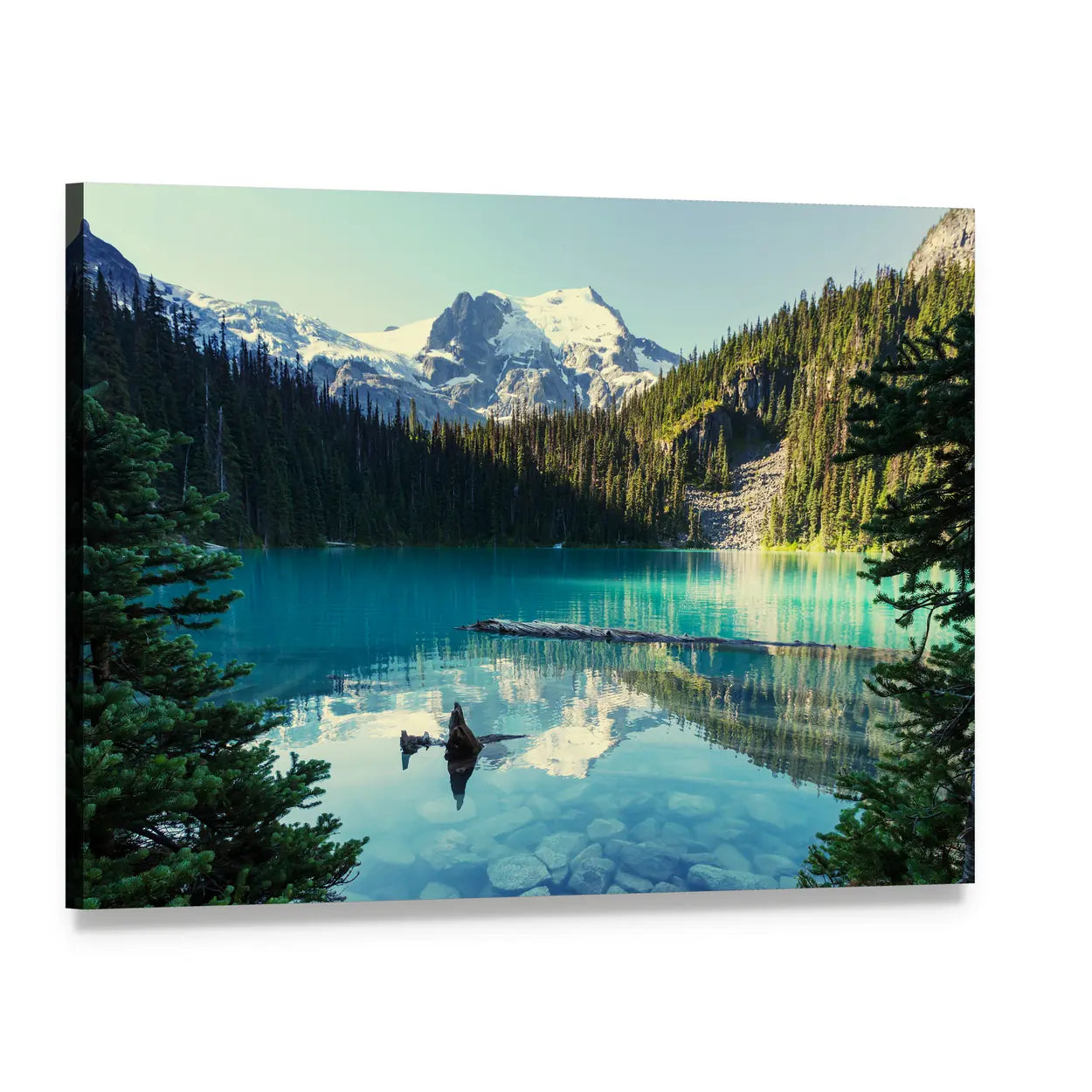 Joffre Lake Turquoise Mountain Reflection Canvas Wall Art, single panel gallery wrapped canvas, angled product view