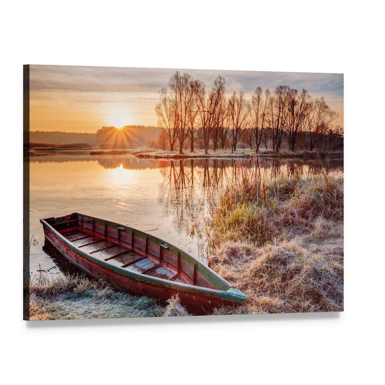 Wooden Boat on Frosty Lake at Sunrise Canvas Wall Art, single panel gallery wrapped canvas, angled product view