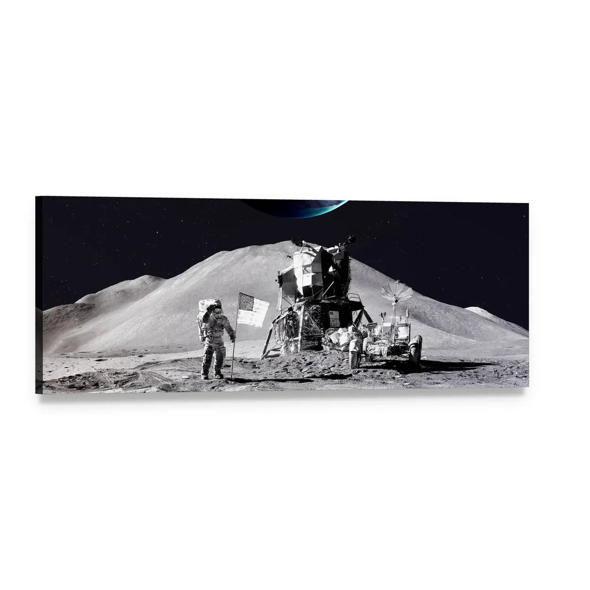 Astronaut on the Moon Panoramic Canvas Wall Art, single panel gallery wrapped canvas, angled product view