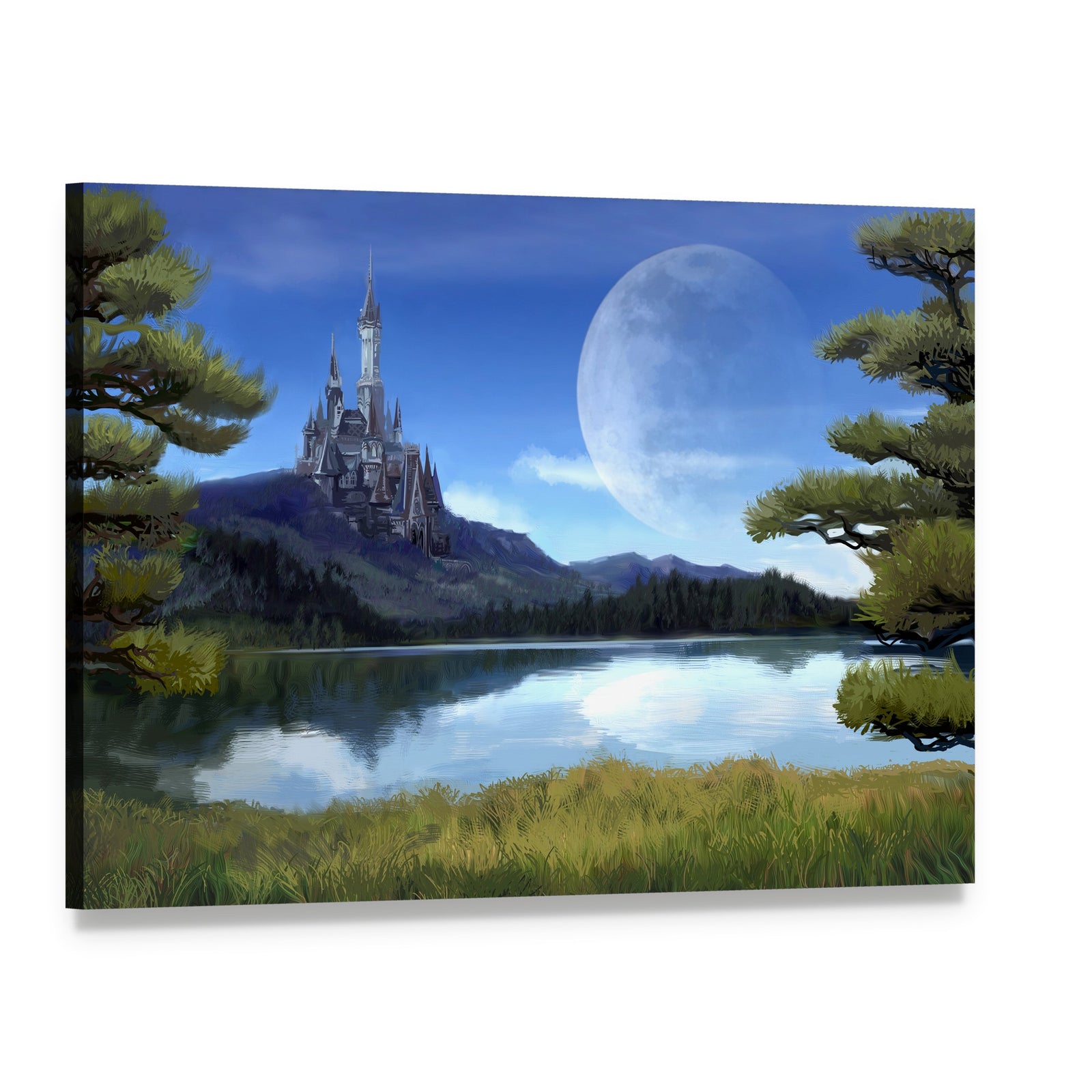 Moonlit Castle Over Lake Canvas Wall Art, single panel gallery wrapped canvas, angled product view