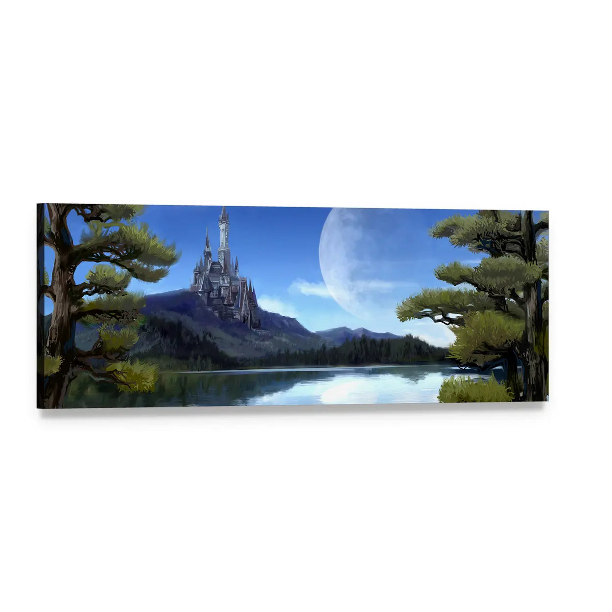 Moonlit Castle Over Calm Lake Panoramic Canvas Wall Art, single panel gallery wrapped canvas, angled product view