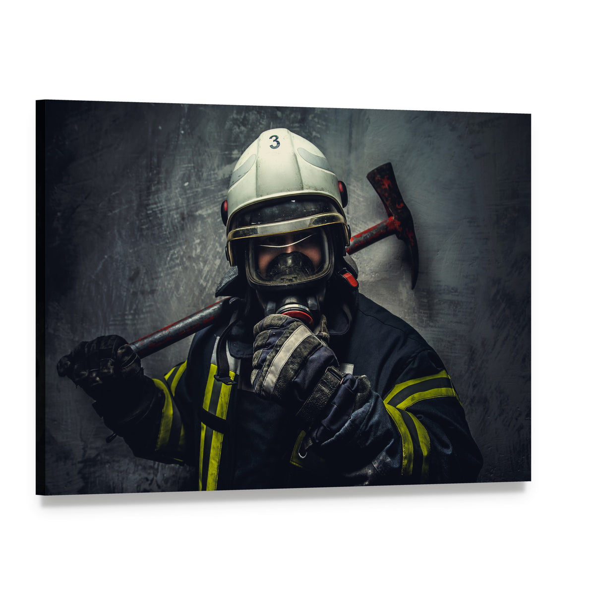 Rescue Firefighter with Number 3 Helmet Canvas Wall Art, single panel gallery wrapped canvas, angled product view
