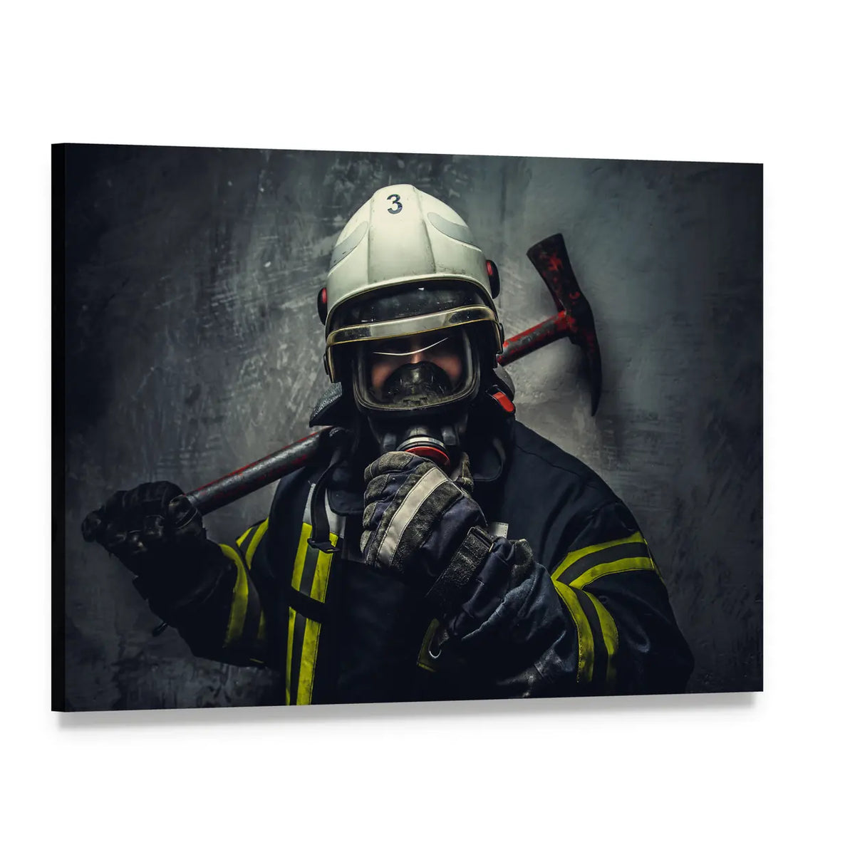 Firefighter Portrait with Helmet Number Canvas Wall Art, single panel gallery wrapped canvas, angled product view