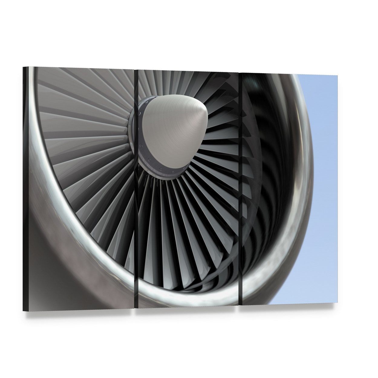 Airplane Turbine Blades Close Up Canvas Wall Art, 3 panel 3 Horizontal layout gallery wrapped canvas set, angled product view