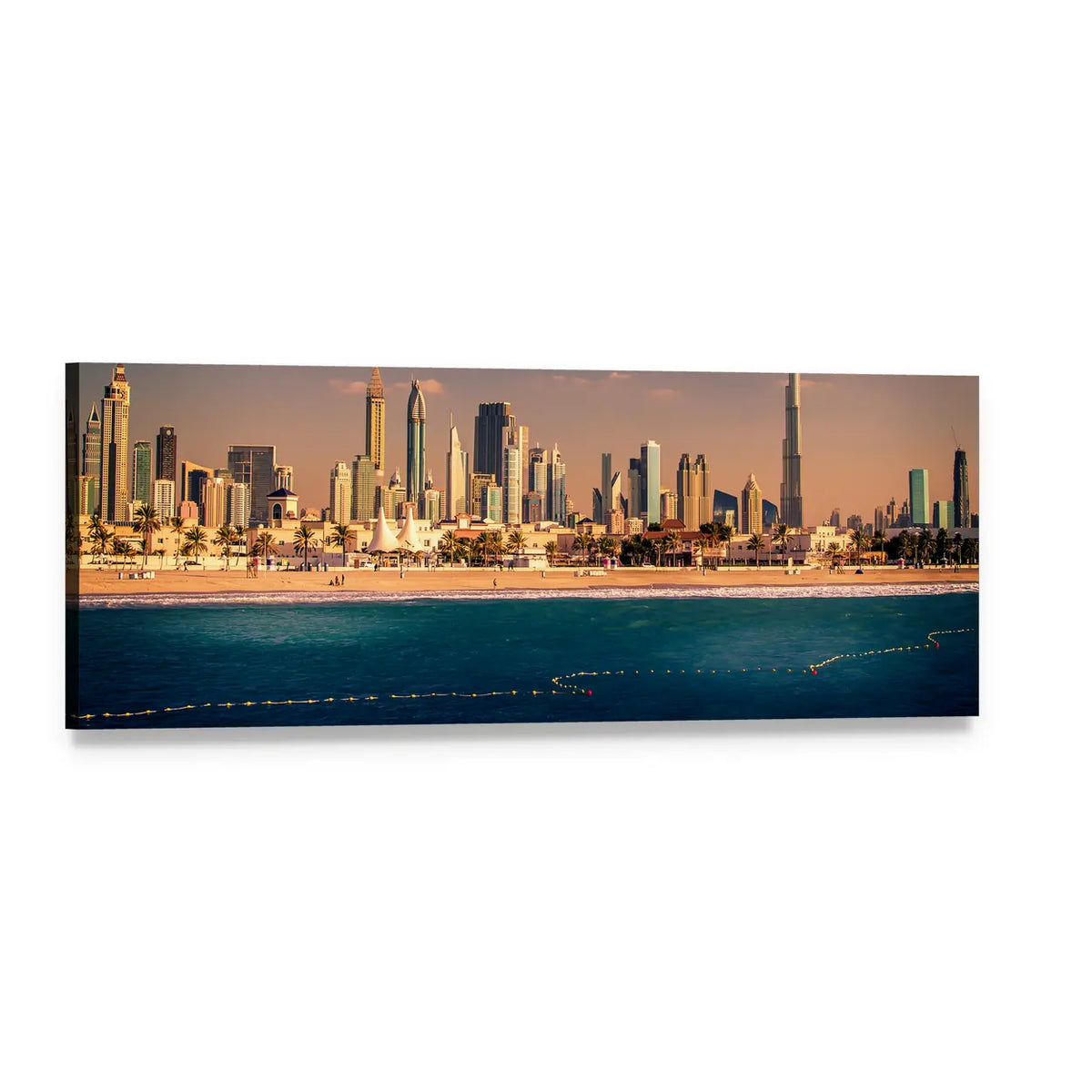 Dubai Downtown Skyline and Beach Panoramic Canvas Wall Art, single panel gallery wrapped canvas, angled product view