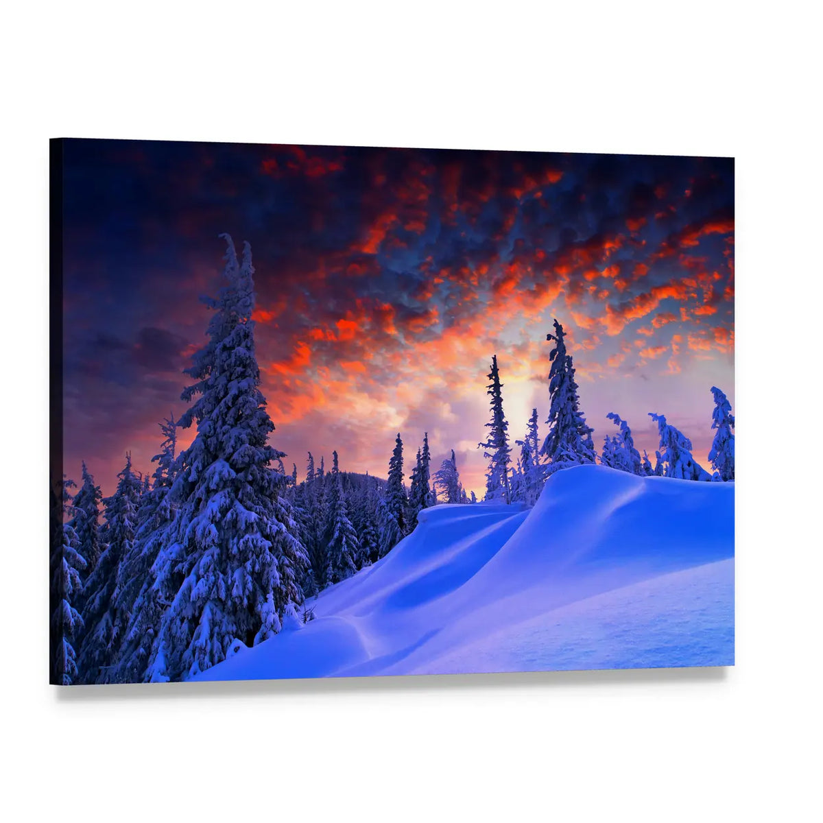 Winter Sunset Over Snow-covered Pines Canvas Wall Art, single panel gallery wrapped canvas, angled product view