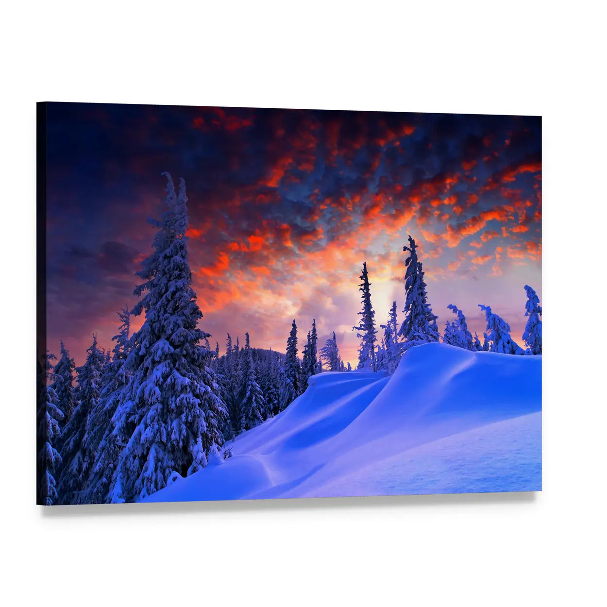 Winter Sunset Over Snow-covered Pines Canvas Wall Art, single panel gallery wrapped canvas, angled product view