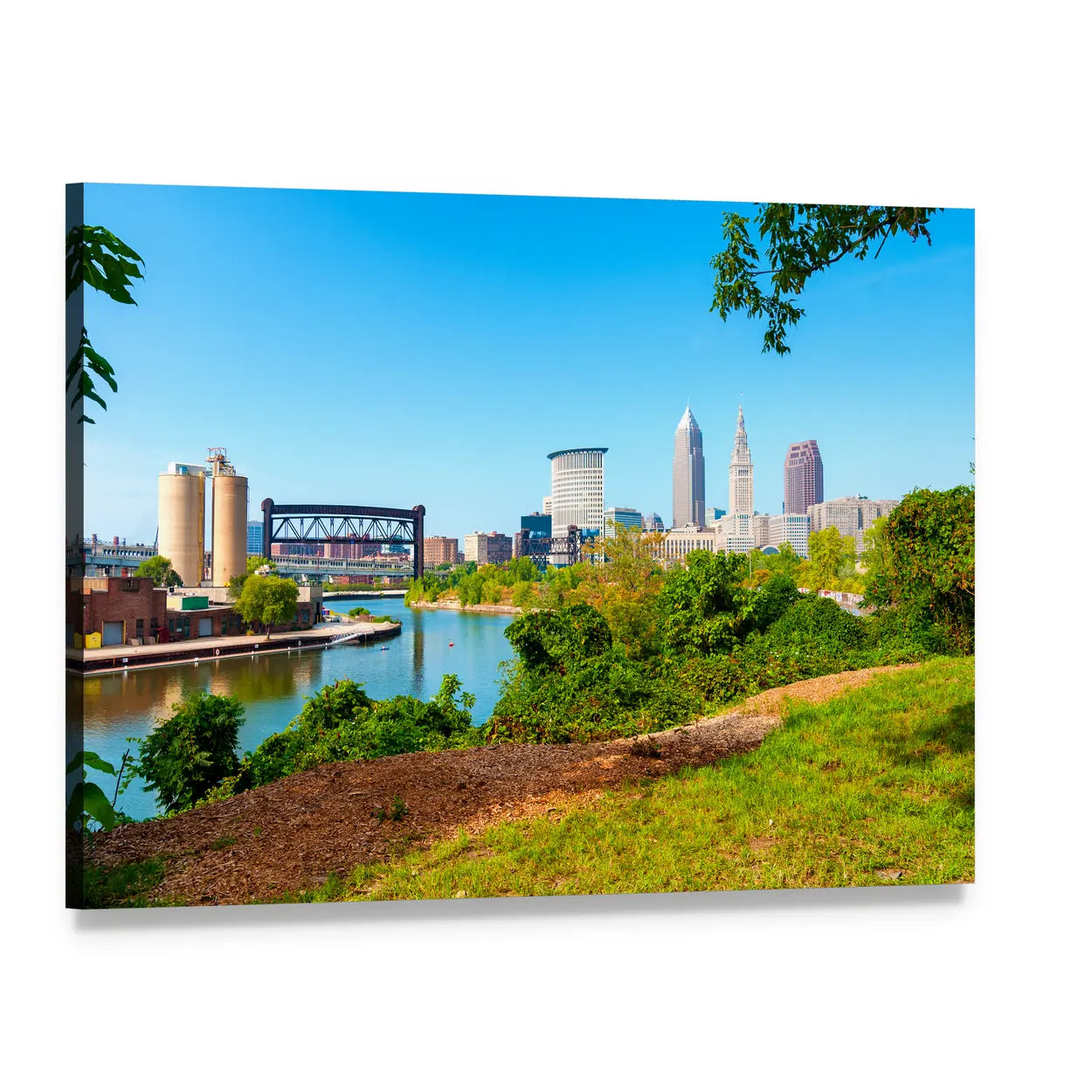 Cuyahoga River with City Skyline Canvas Wall Art, single panel gallery wrapped canvas, angled product view