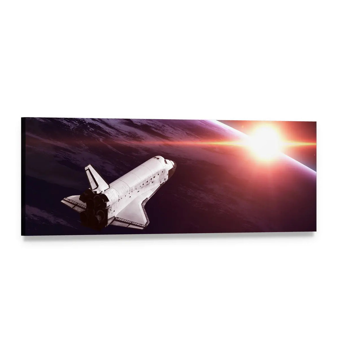Space Shuttle at Orbital Sunrise Panoramic Canvas Wall Art, single panel gallery wrapped canvas, angled product view