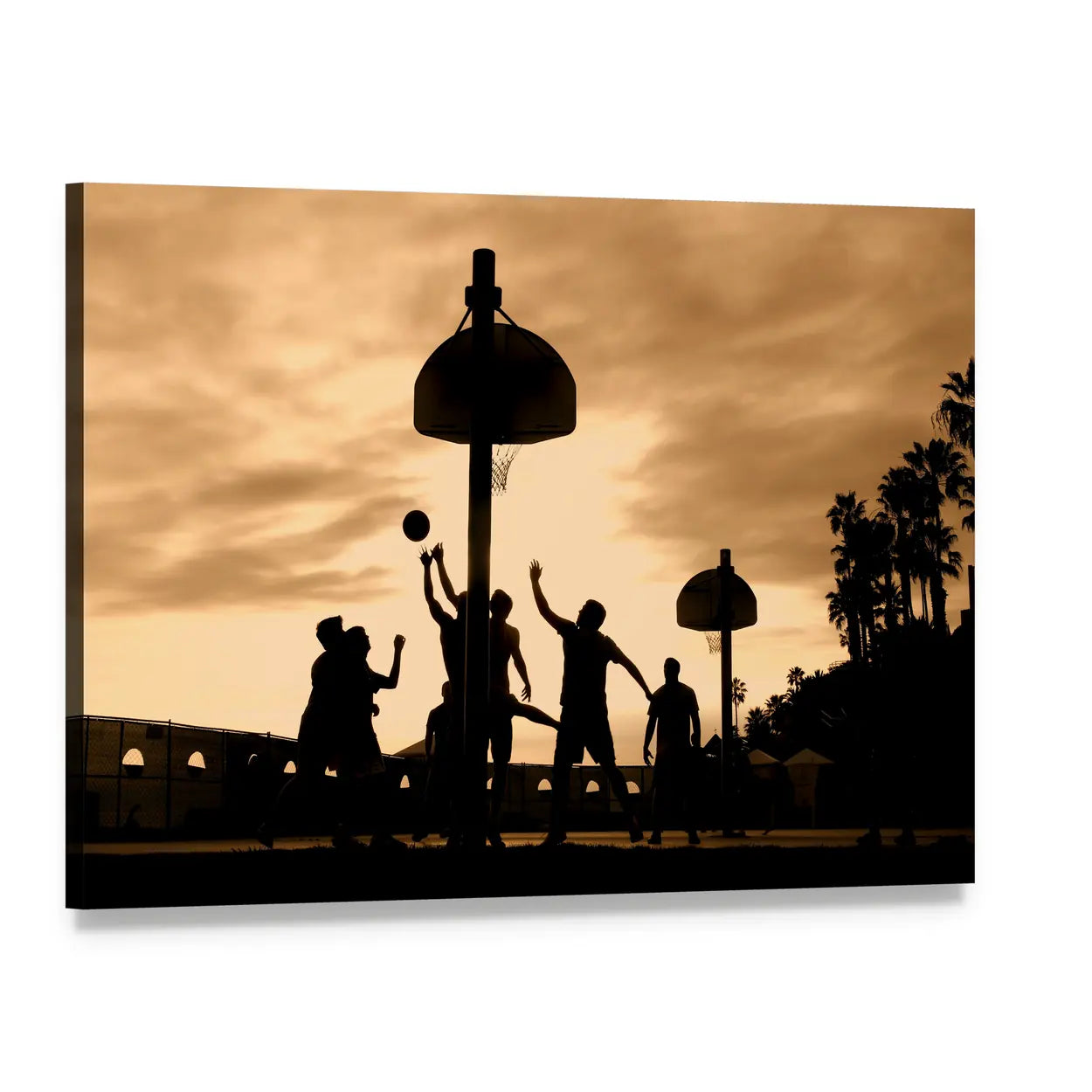 Basketball Players at Sunset Canvas Wall Art, single panel gallery wrapped canvas, angled product view