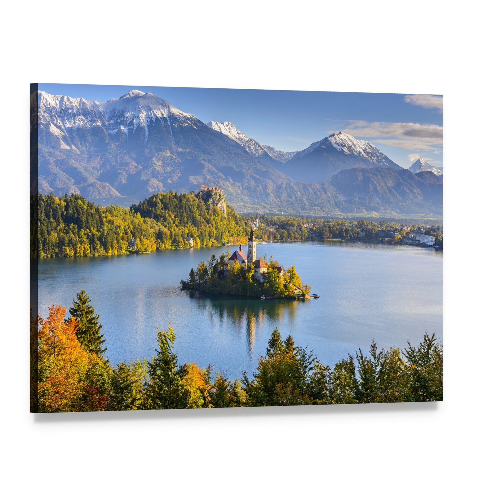Lake Bled Slovenia Artwork Canvas Wall Art, single panel gallery wrapped canvas, angled product view