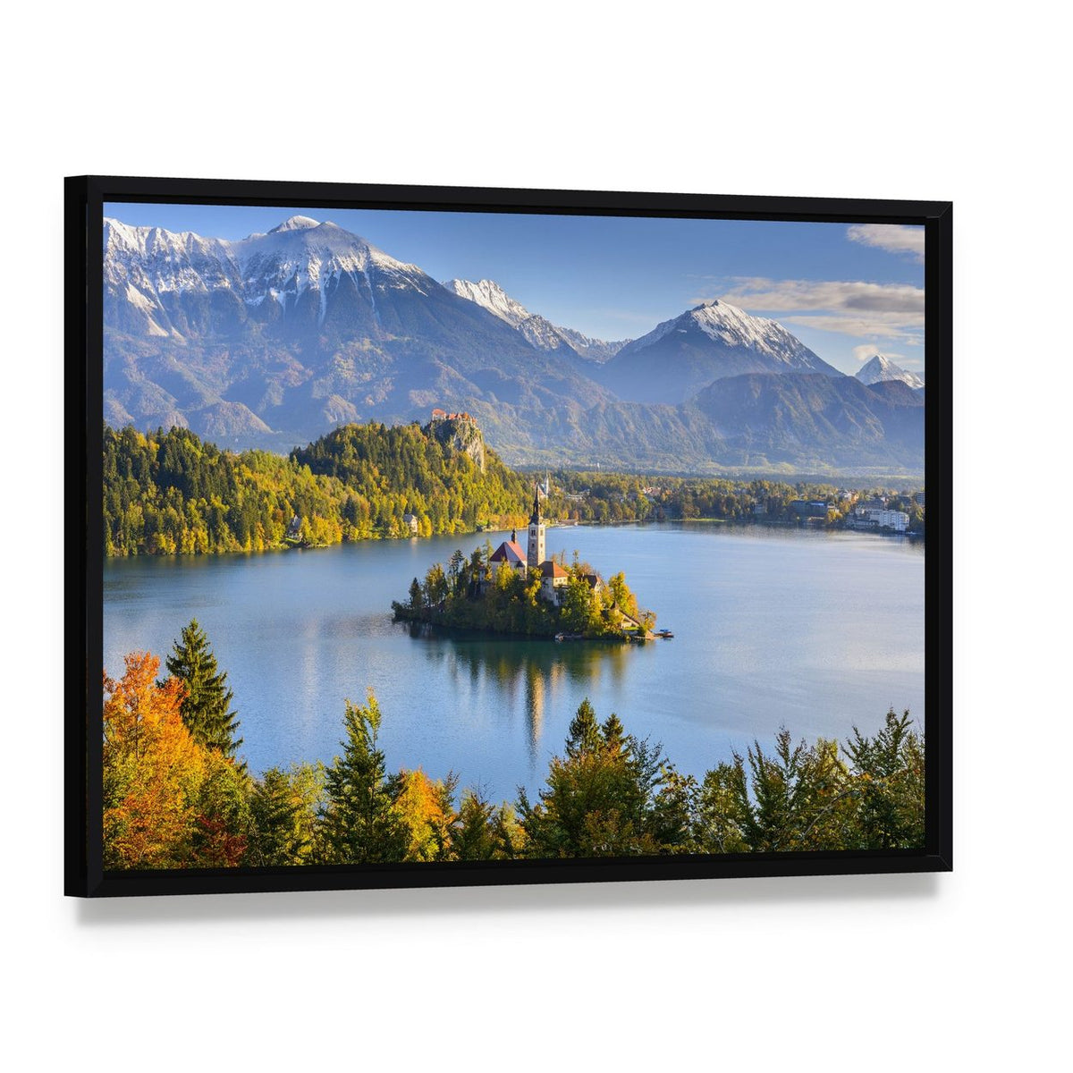 Lake Bled Slovenia Artwork Canvas Wall Art, framed canvas in a black floater frame, angled product view
