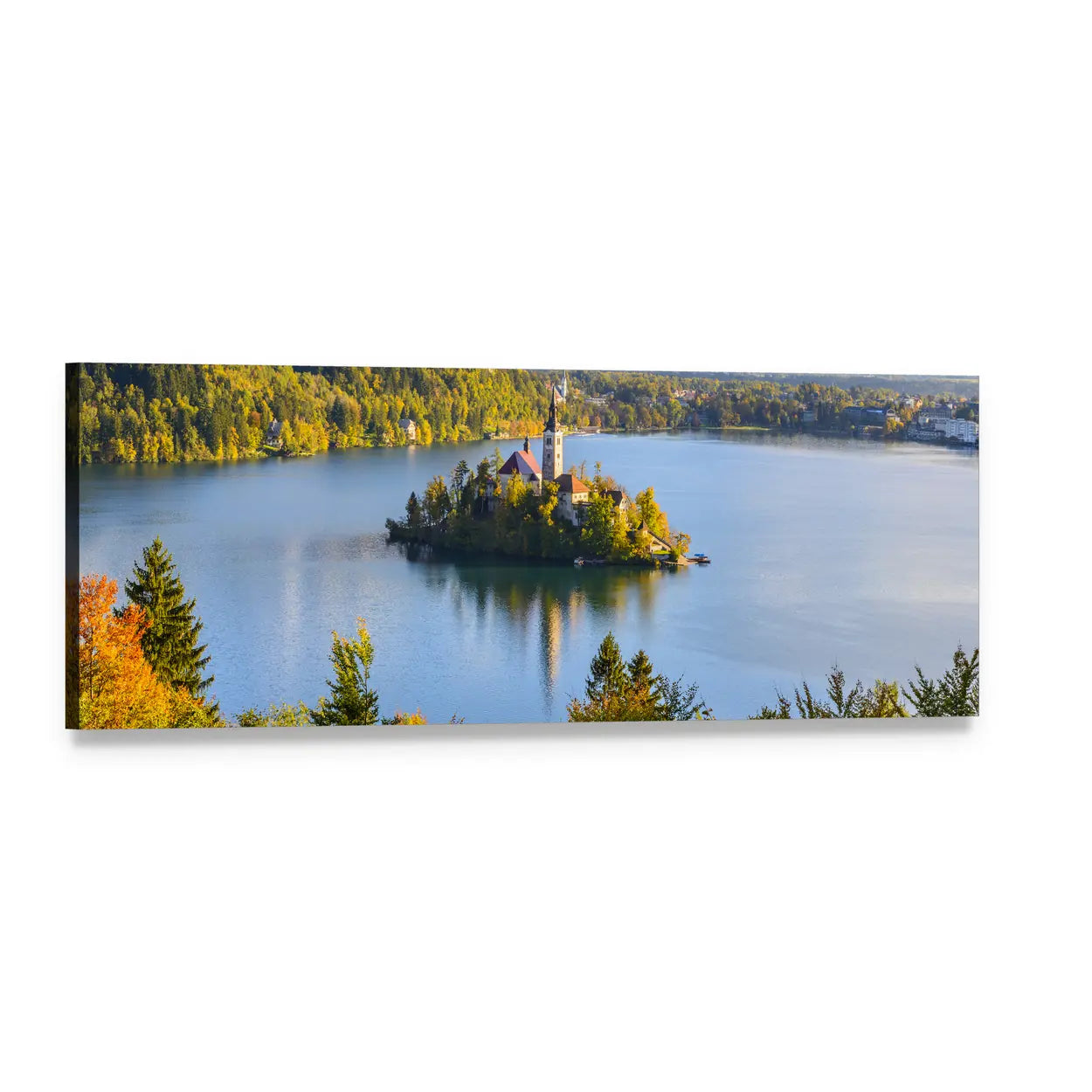 Lake Bled Island Church at Golden Hour Panoramic Canvas Wall Art, single panel gallery wrapped canvas, angled product view