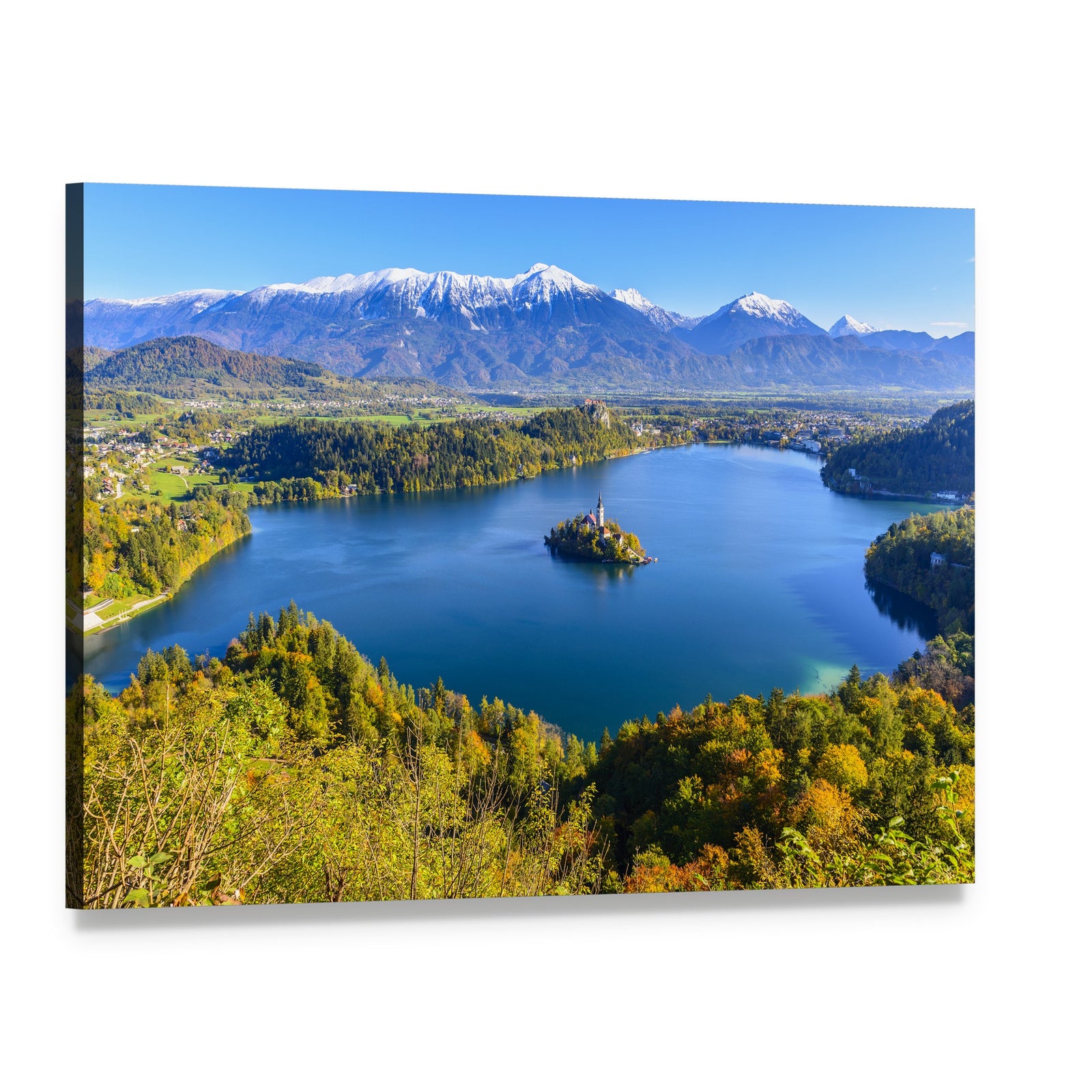 Lake Bled Landscape with Island Church Canvas Wall Art, single panel gallery wrapped canvas, angled product view