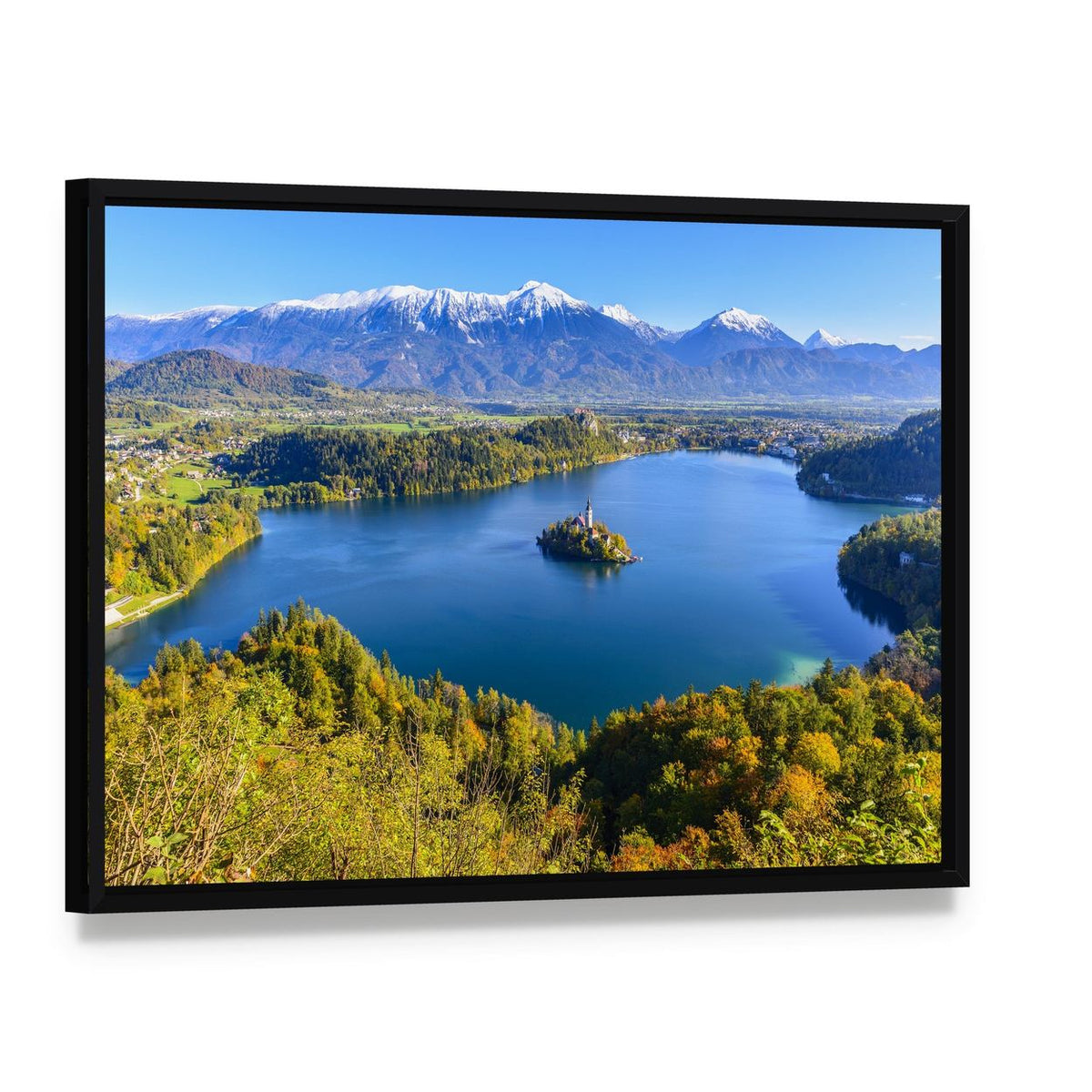 Lake Bled Landscape with Island Church Canvas Wall Art, framed canvas in a black floater frame, angled product view