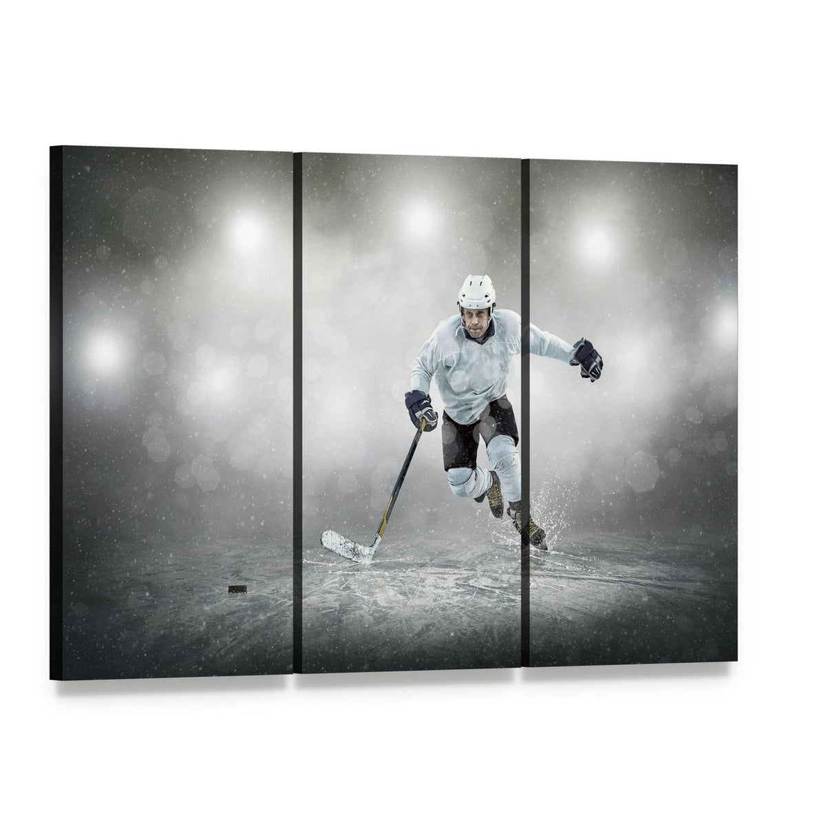 Ice Hockey Player in Action Canvas Wall Art, 3 panel 3 Horizontal layout gallery wrapped canvas set, angled product view