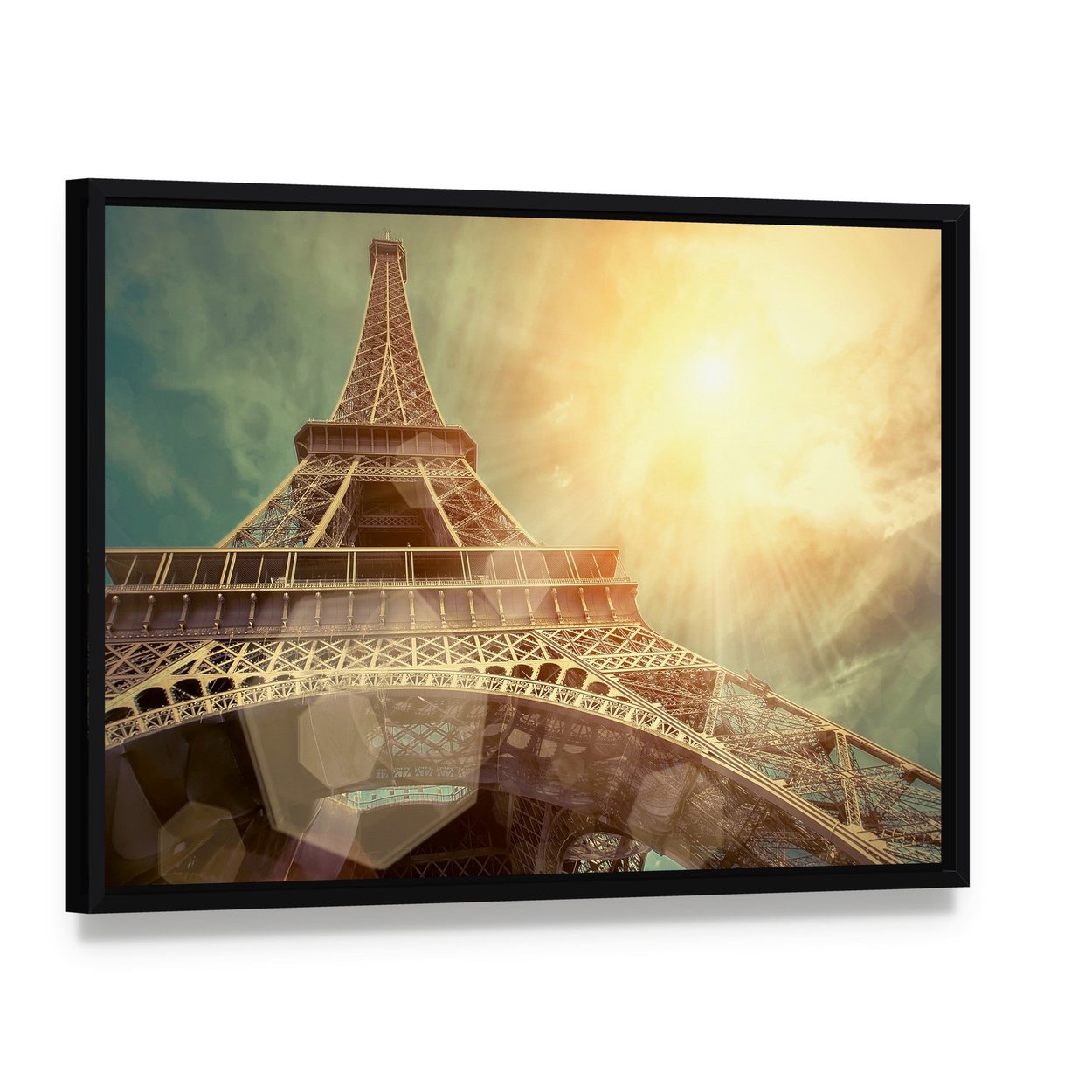 Close Up Eiffel Tower Canvas Wall Art, framed canvas in a black floater frame, angled product view
