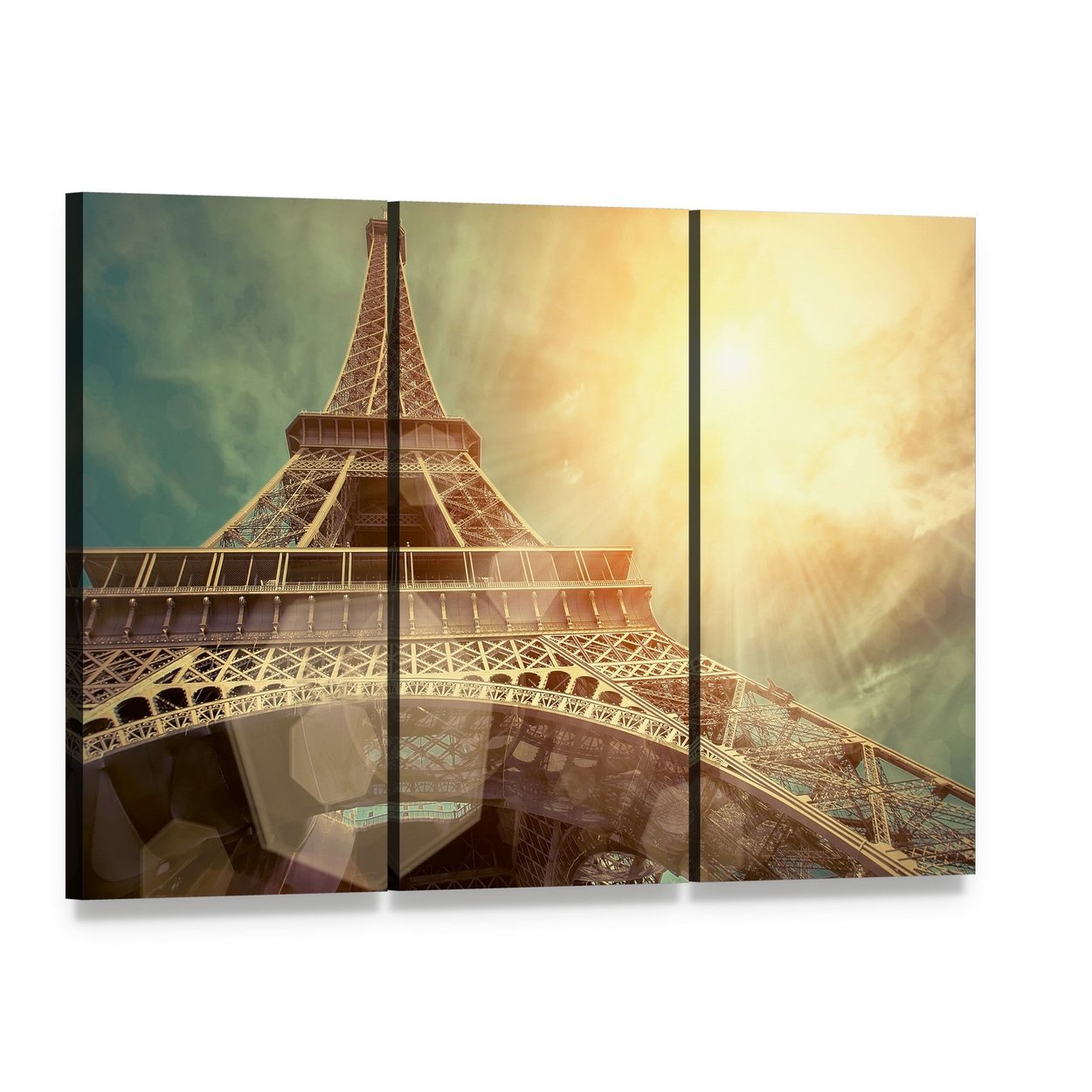 Close Up Eiffel Tower Canvas Wall Art, 3 panel 3 Horizontal layout gallery wrapped canvas set, angled product view