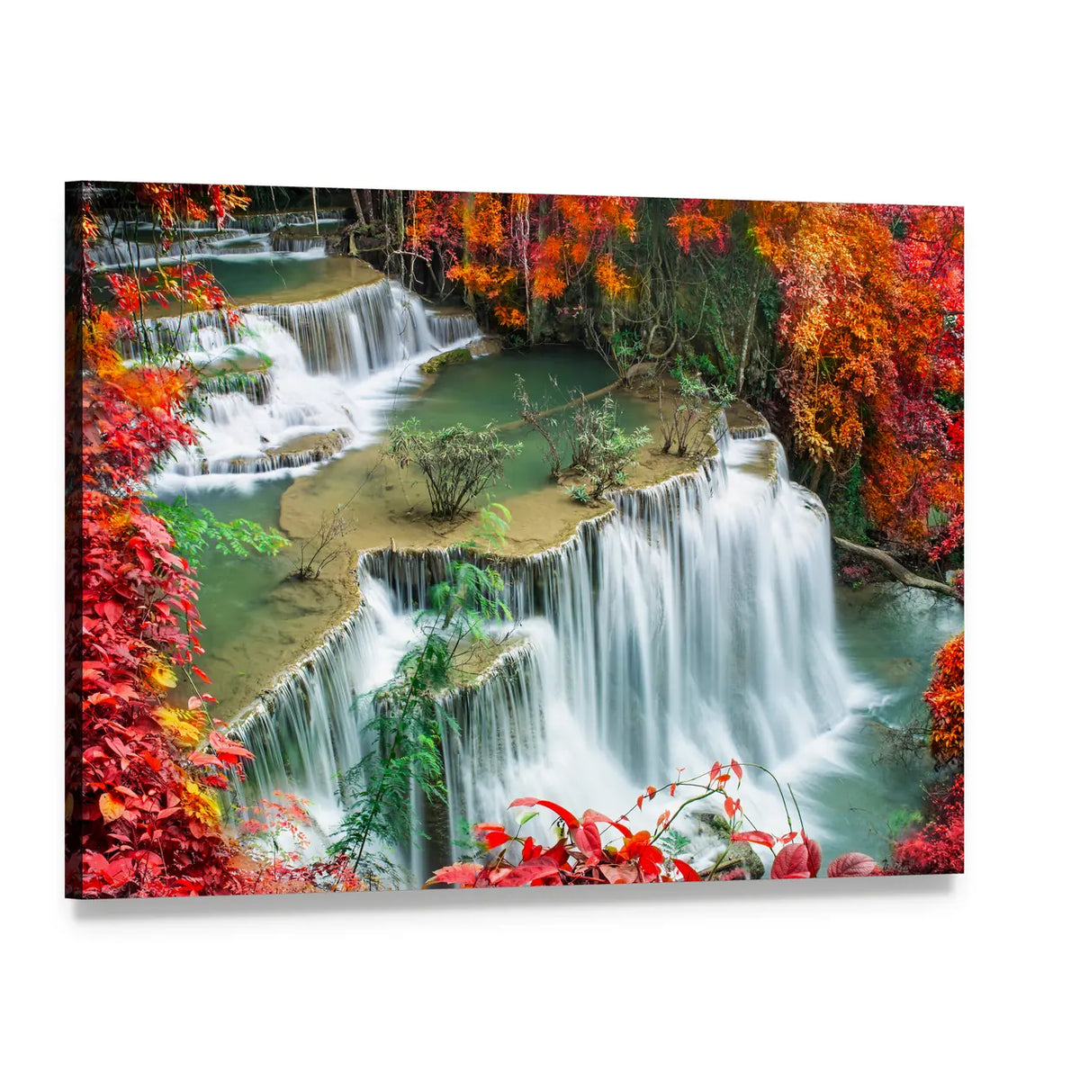Tiered Autumn Waterfalls with Turquoise Pools Canvas Wall Art, single panel gallery wrapped canvas, angled product view