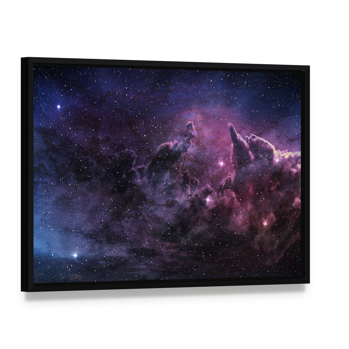 Purple Nebula and Cosmic Dust in Star Field Canvas Wall Art, framed canvas in a black floater frame, angled product view