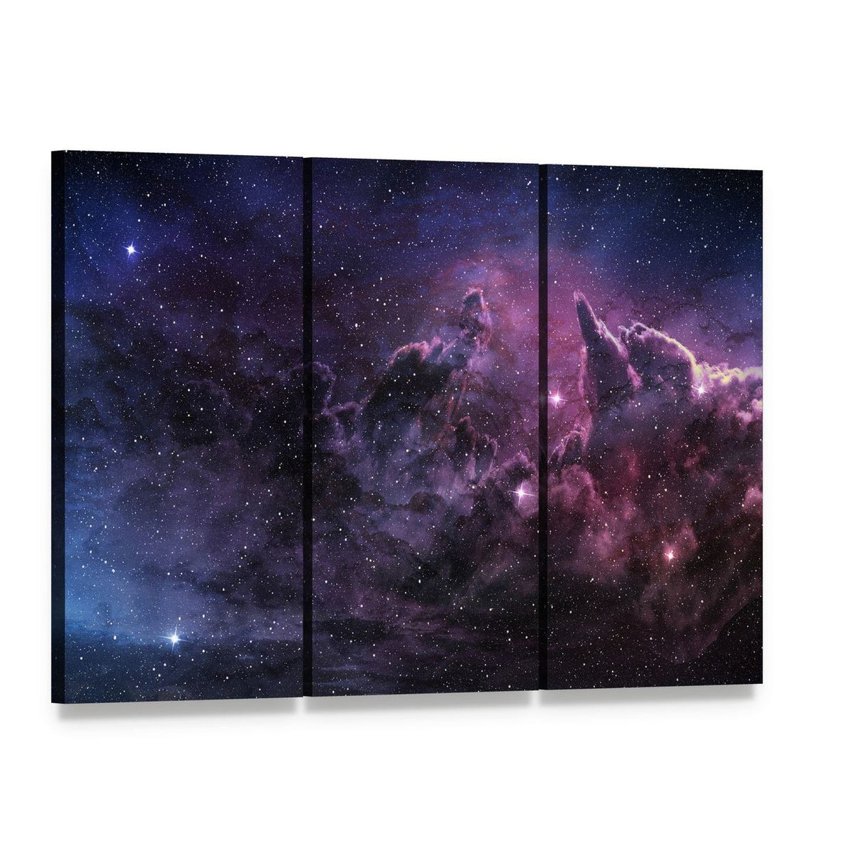 Purple Nebula and Cosmic Dust in Star Field Canvas Wall Art, 3 panel 3 Horizontal layout gallery wrapped canvas set, angled product view