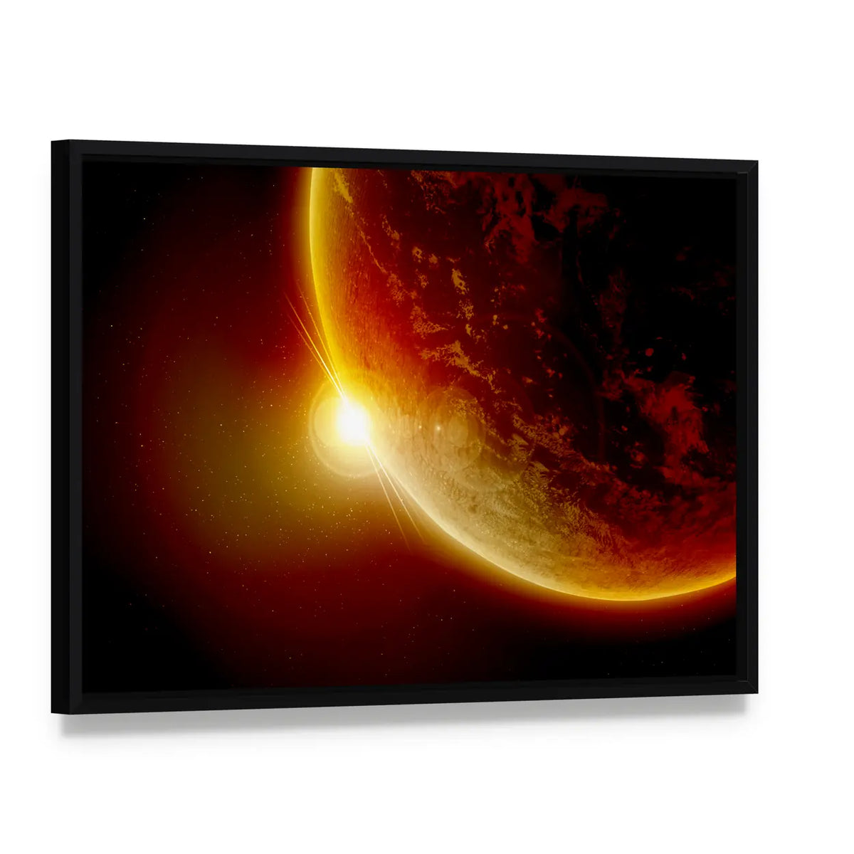 Red Planet Earth In Outer Space With Sun Canvas Wall Art, framed canvas in a black floater frame, angled product view