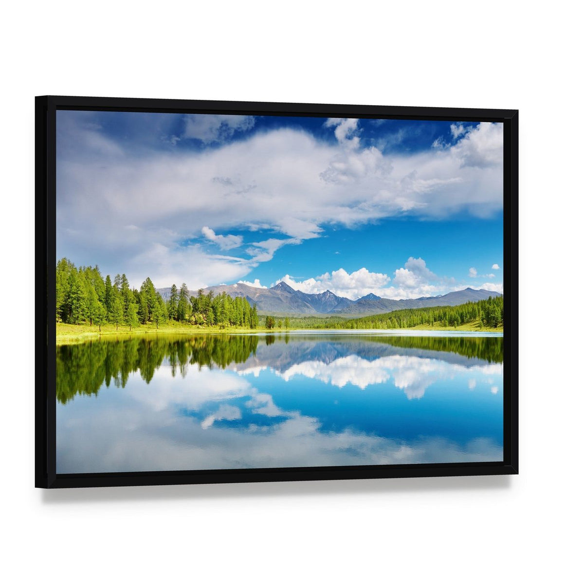 Lake Altai Mountains Canvas Wall Art, framed canvas in a black floater frame, angled product view