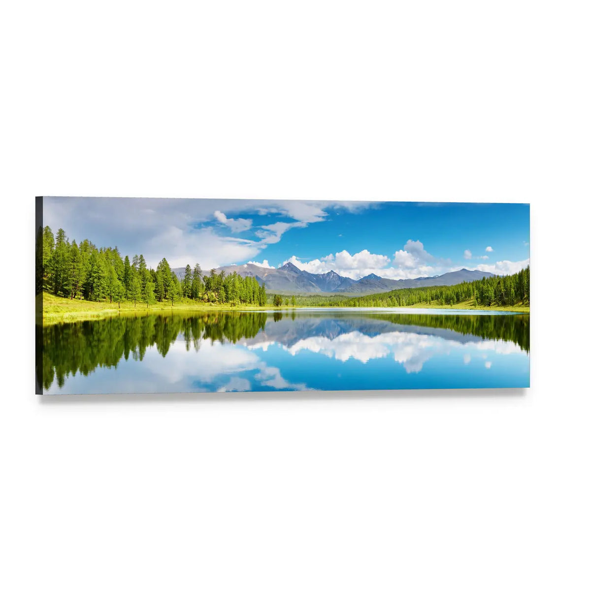 Alpine Lake with Mountain Reflection Panoramic Canvas Wall Art, single panel gallery wrapped canvas, angled product view