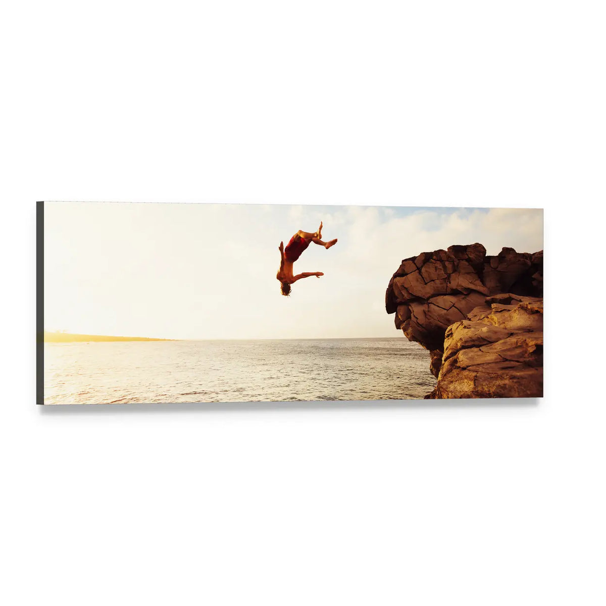 Cliff Diver Over Ocean at Sunset Panoramic Canvas Wall Art, single panel gallery wrapped canvas, angled product view