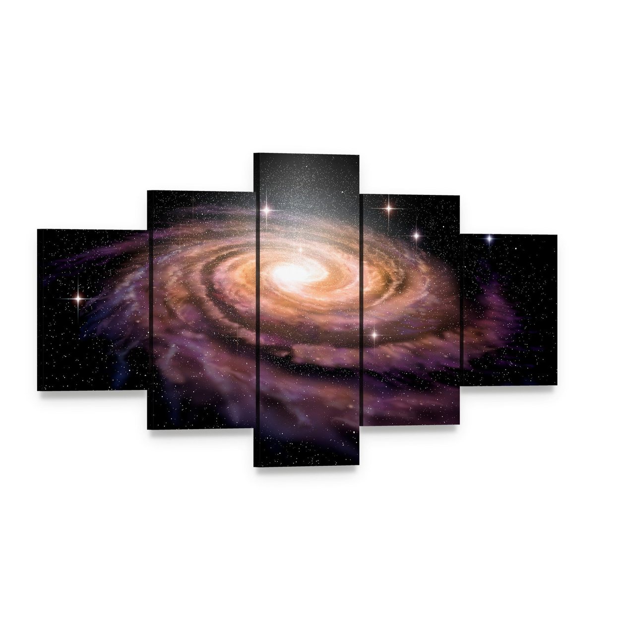 Spiral Galaxy in Deep Space Illustration Canvas Wall Art, 5 panel 5 Star layout gallery wrapped canvas set, angled product view