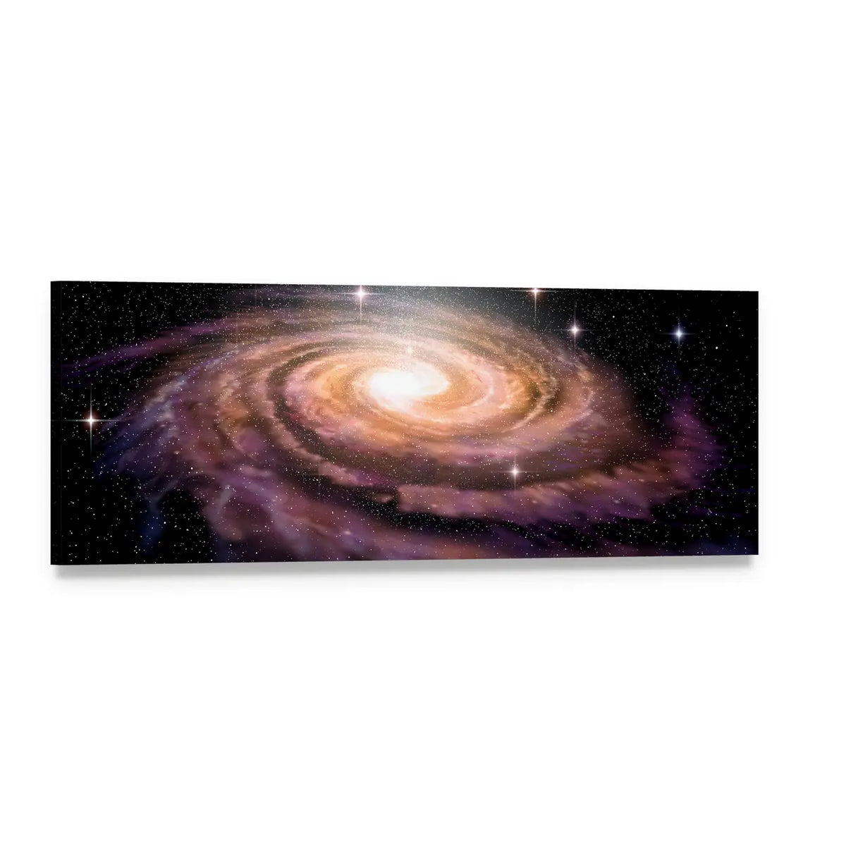 Spiral Galaxy in Deep Space Panoramic Canvas Wall Art, single panel gallery wrapped canvas, angled product view