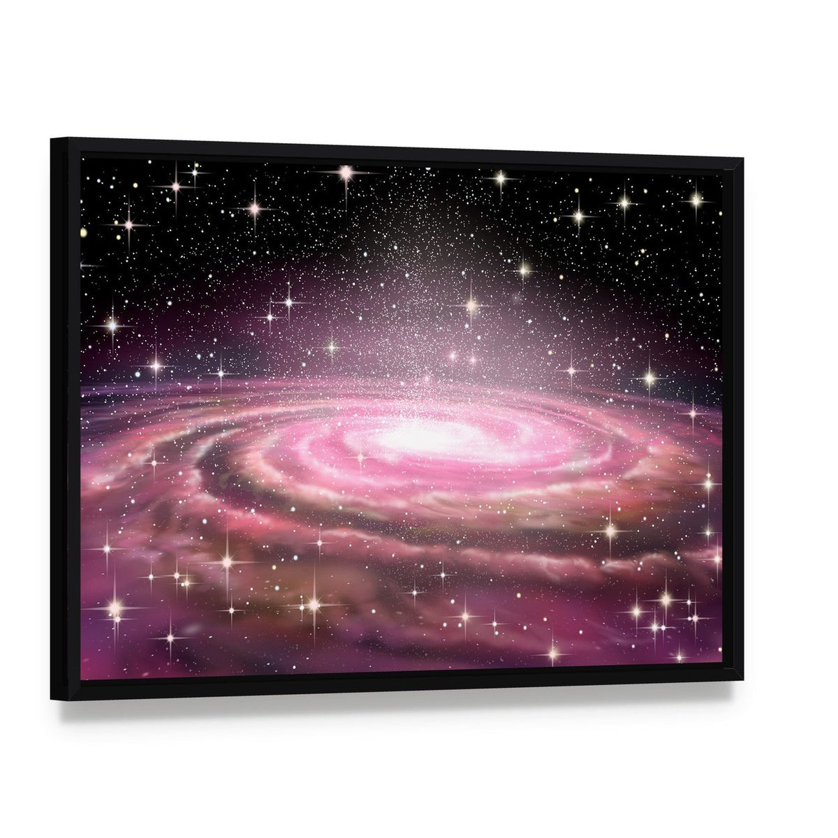 Spiral Galaxy in Deep Space Canvas Wall Art, framed canvas in a black floater frame, angled product view