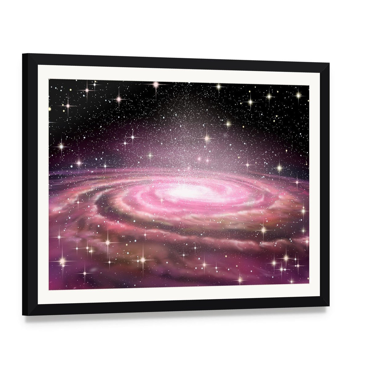 Spiral Galaxy in Deep Space Canvas Wall Art, framed print with white mat and black frame, angled product view