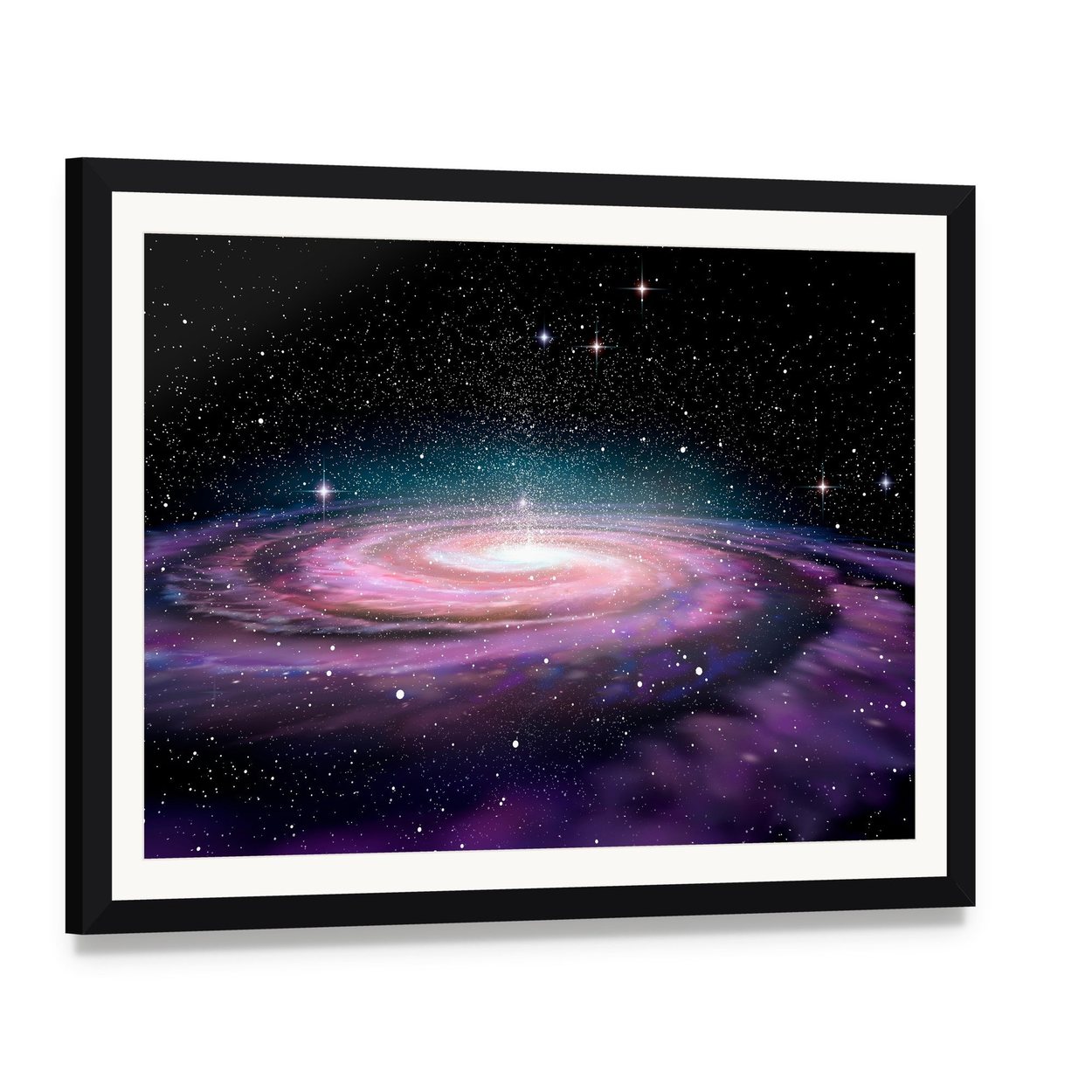 Spiral Galaxy in Deep Space Illustration Canvas Wall Art, framed print with white mat and black frame, angled product view