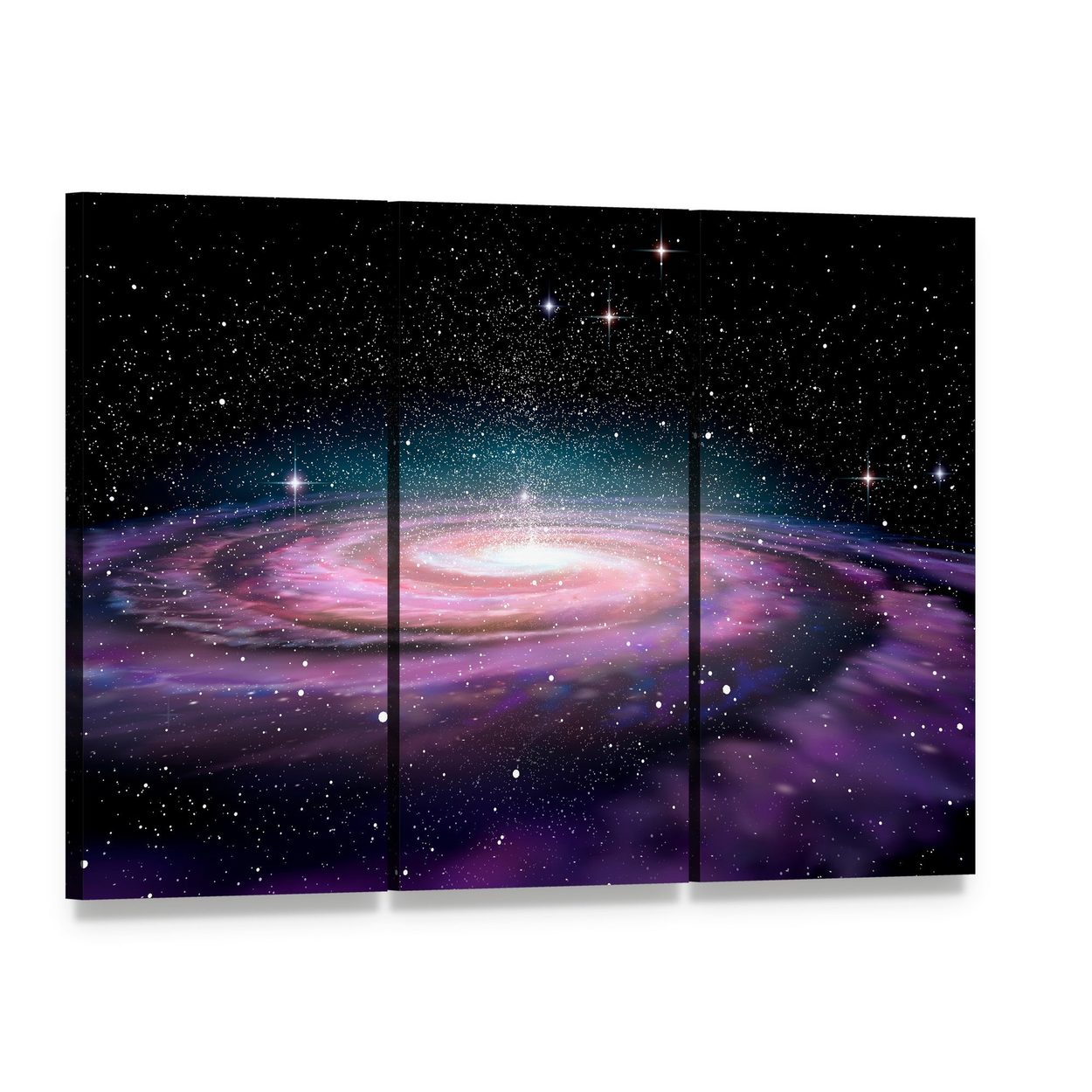 Spiral Galaxy in Deep Space Illustration Canvas Wall Art, 3 panel 3 Horizontal layout gallery wrapped canvas set, angled product view