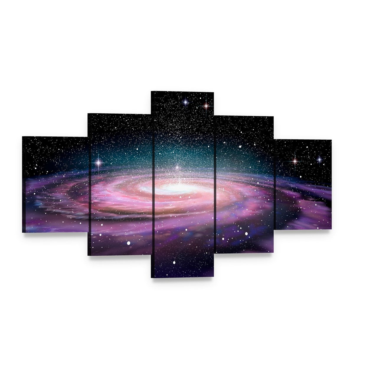 Spiral Galaxy in Deep Space Illustration Canvas Wall Art, 5 panel 5 Star layout gallery wrapped canvas set, angled product view