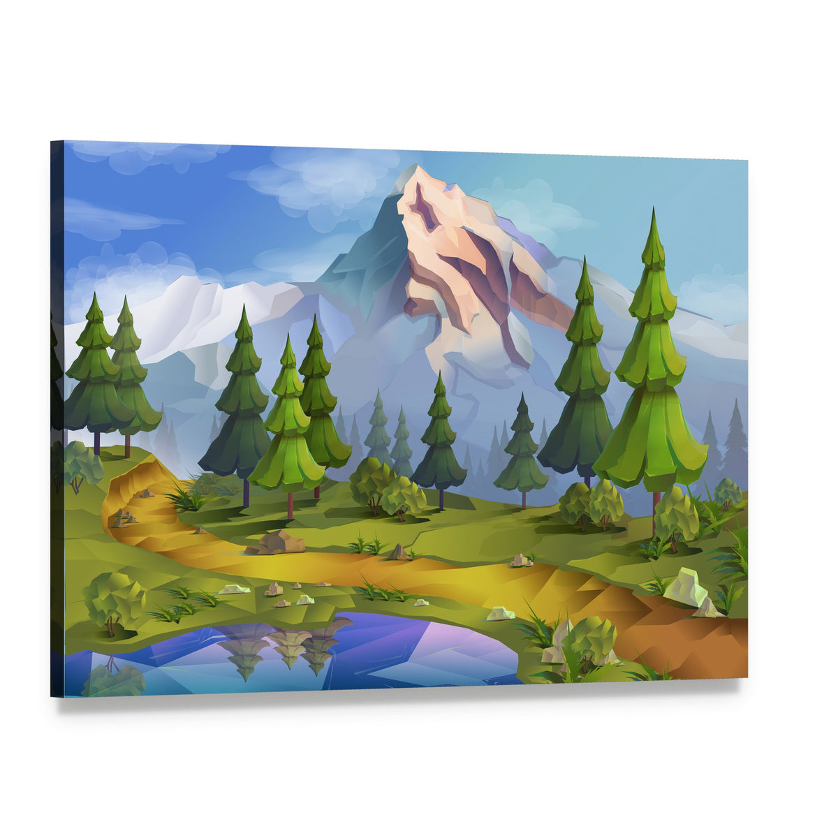 Geometric Mountain Lake with Forest Path Canvas Wall Art, single panel gallery wrapped canvas, angled product view