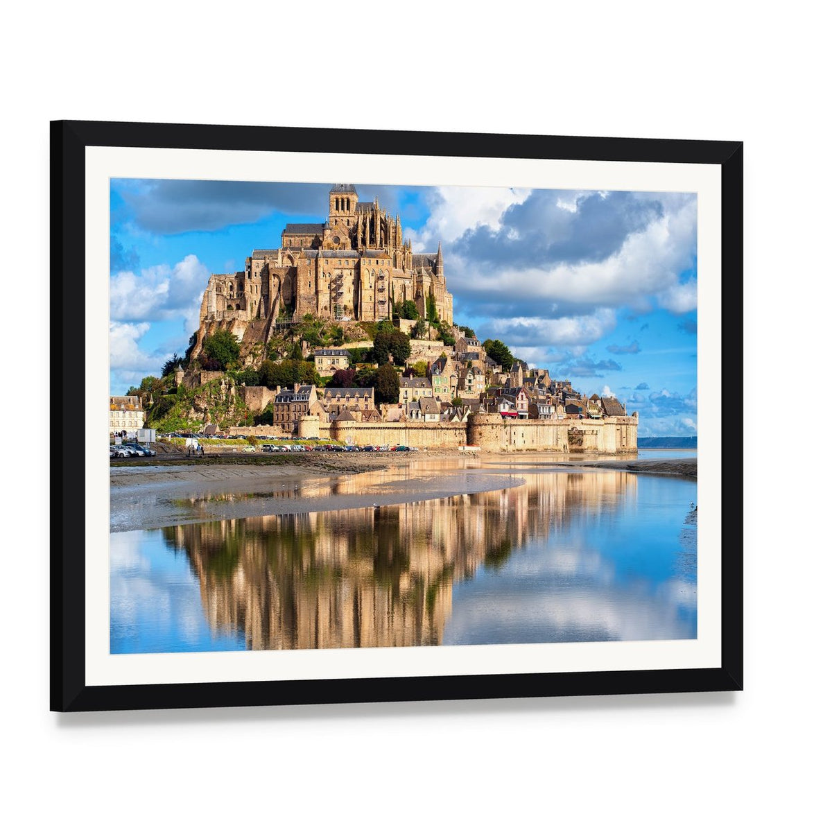 Mont Saint-michel Canvas Wall Art, framed print with white mat and black frame, angled product view