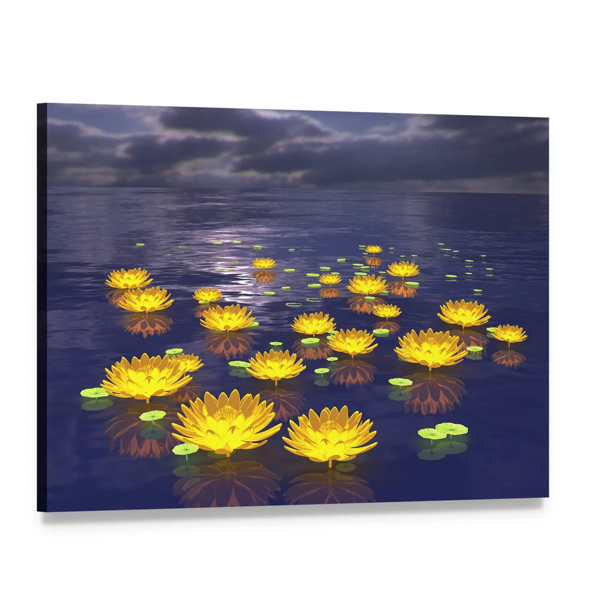 Yellow Water Lilies at Twilight Canvas Wall Art, single panel gallery wrapped canvas, angled product view