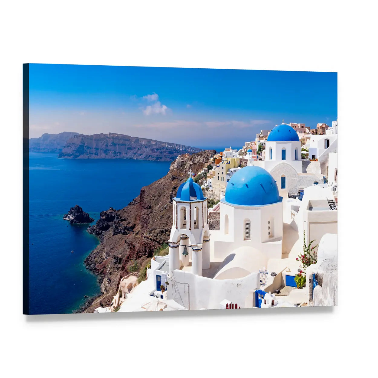 Oia Santorini Blue-domed Village Canvas Wall Art, single panel gallery wrapped canvas, angled product view